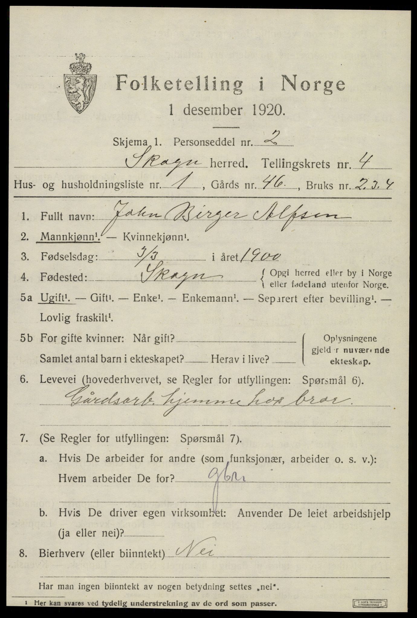 SAT, 1920 census for Skogn, 1920, p. 5843