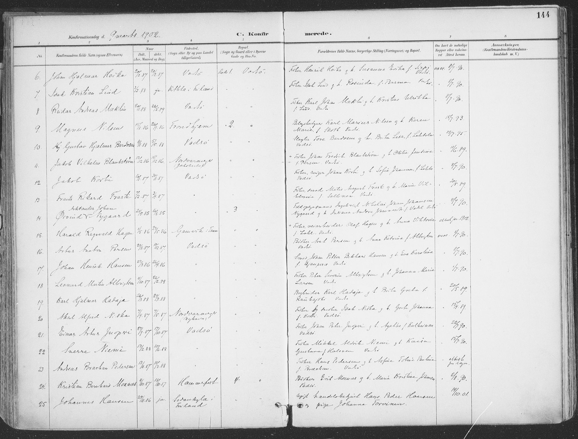 Vadsø sokneprestkontor, SATØ/S-1325/H/Ha/L0007kirke: Parish register (official) no. 7, 1896-1916, p. 144