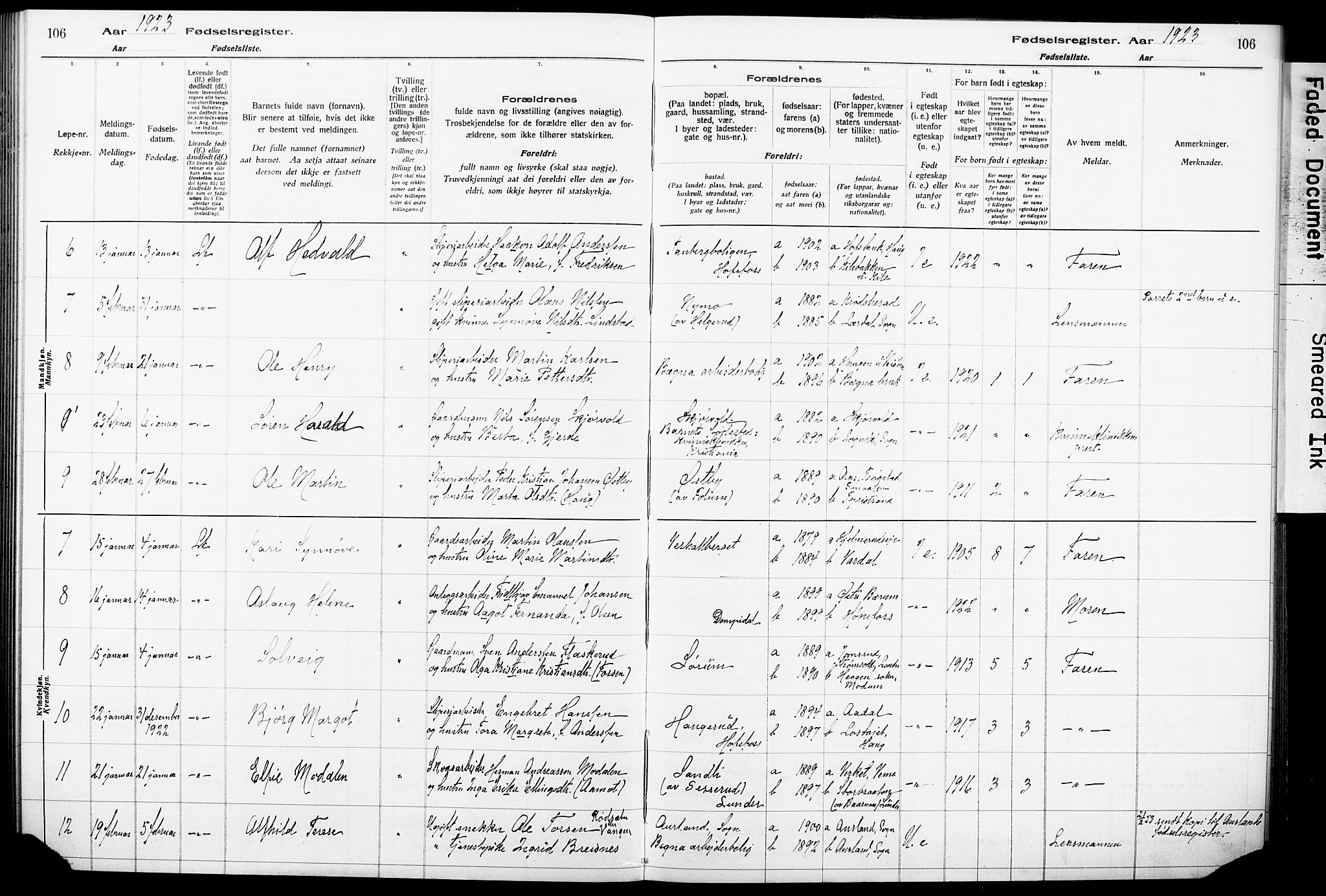 Norderhov kirkebøker, AV/SAKO-A-237/J/Ja/L0001: Birth register no. 1, 1916-1930, p. 106