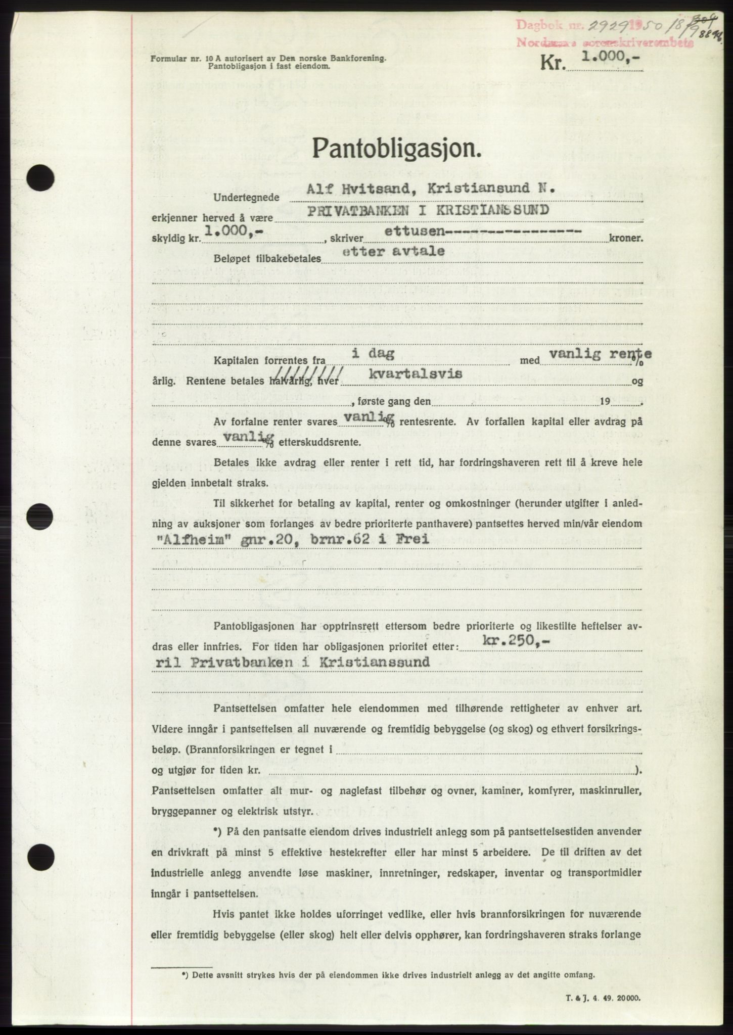 Nordmøre sorenskriveri, AV/SAT-A-4132/1/2/2Ca: Mortgage book no. B105, 1950-1950, Diary no: : 2929/1950