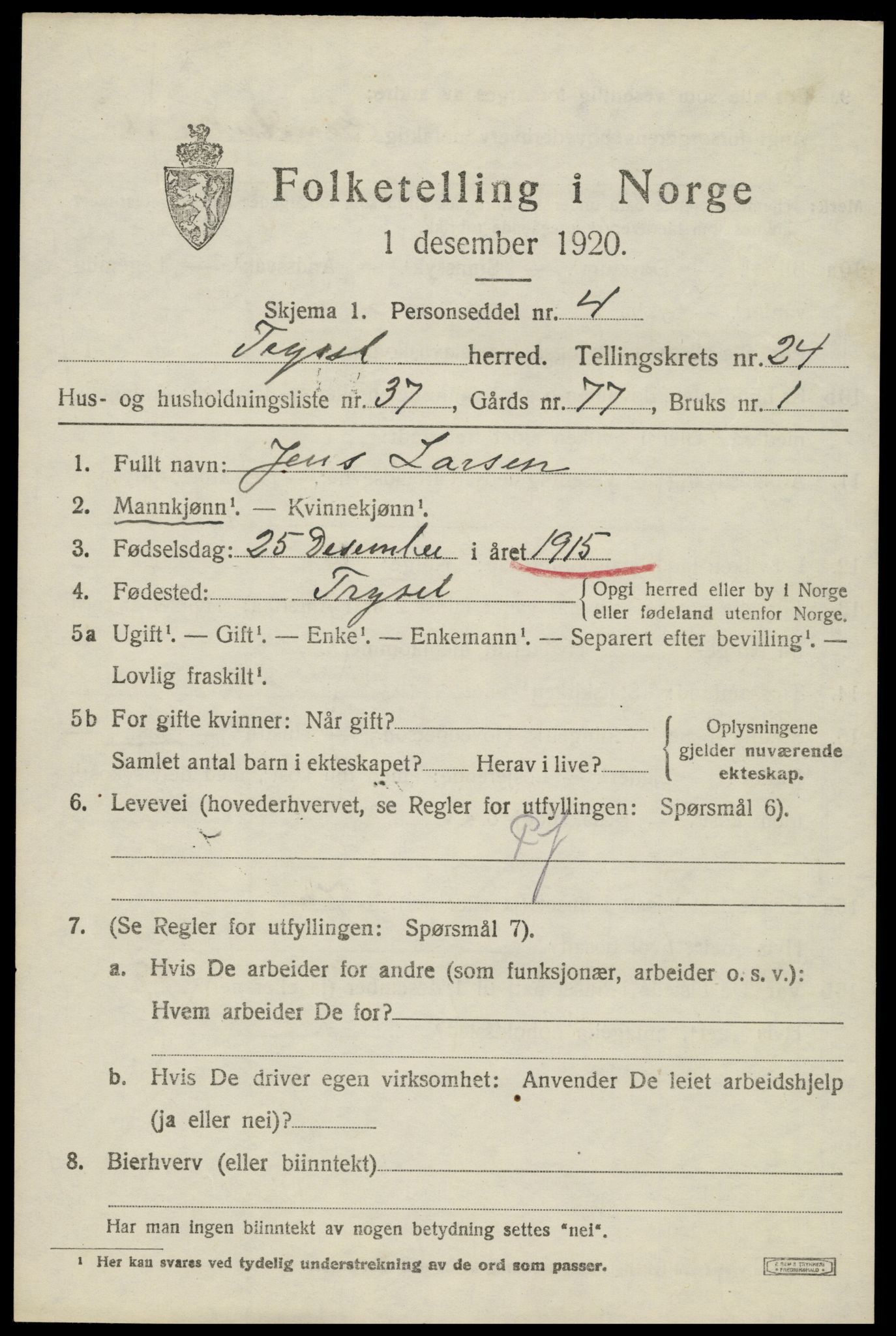 SAH, 1920 census for Trysil, 1920, p. 15671