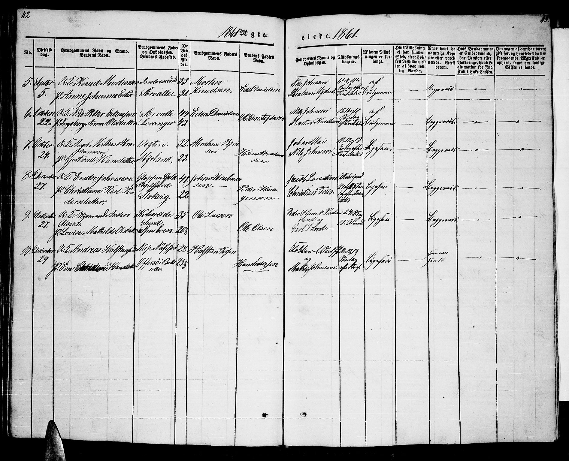 Ministerialprotokoller, klokkerbøker og fødselsregistre - Nordland, AV/SAT-A-1459/885/L1212: Parish register (copy) no. 885C01, 1847-1873, p. 42-43