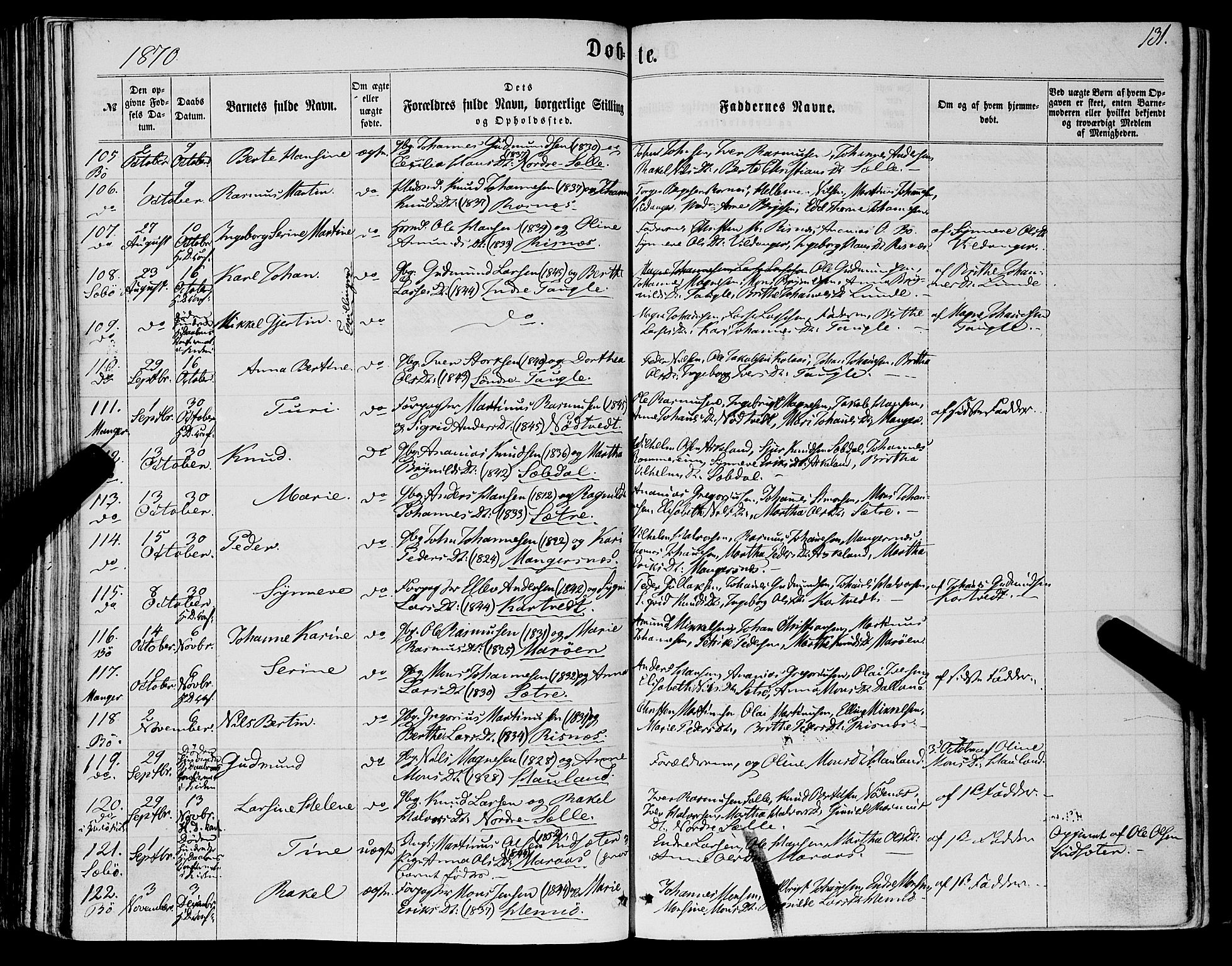 Manger sokneprestembete, SAB/A-76801/H/Haa: Parish register (official) no. A 7, 1860-1870, p. 131