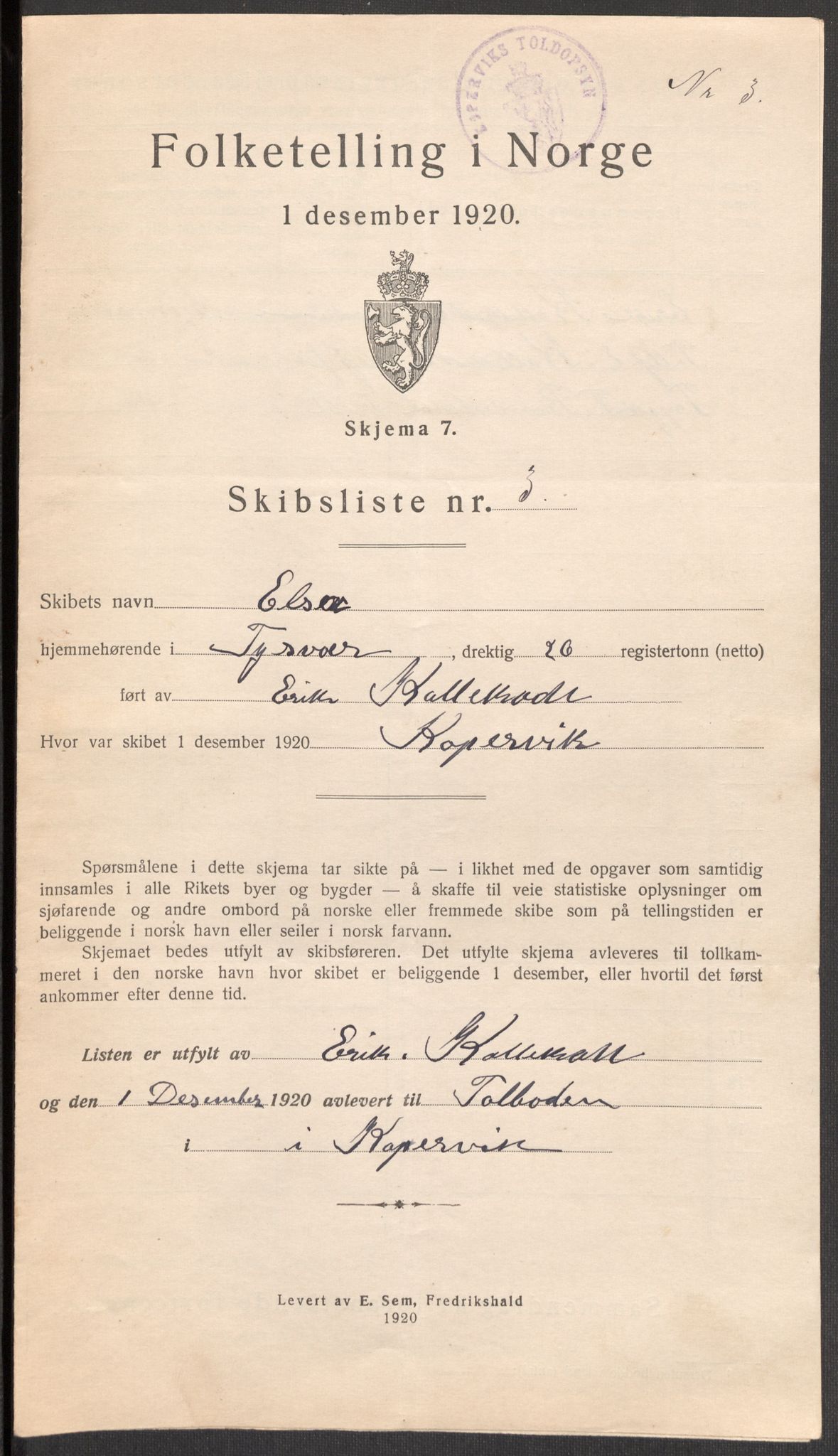 SAST, 1920 census for Kopervik, 1920, p. 4858