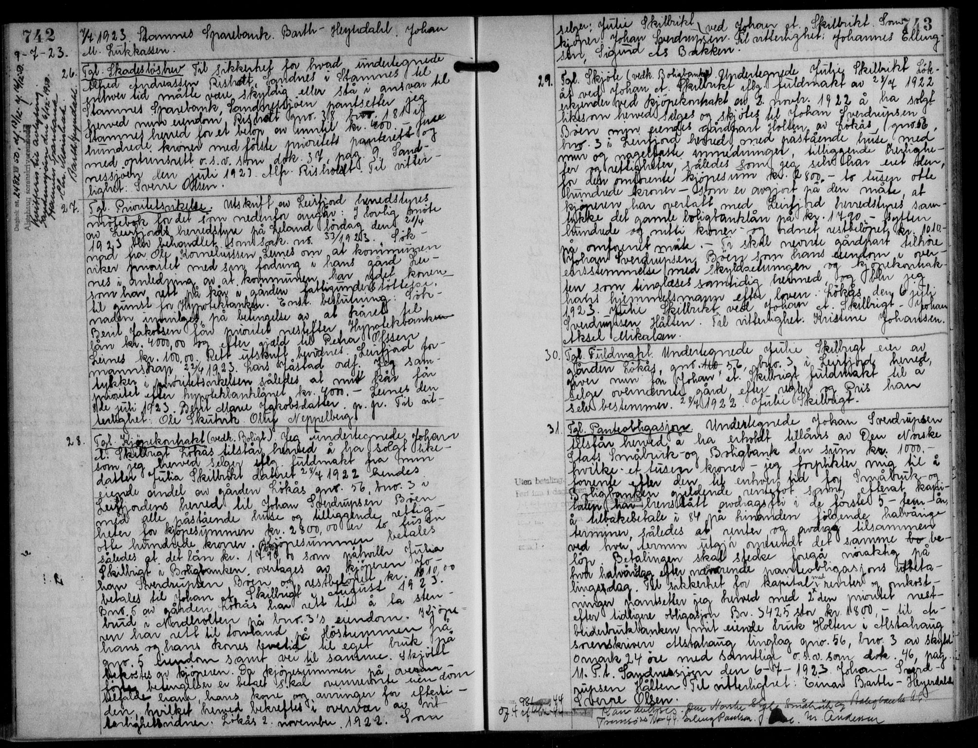 Søndre Helgeland sorenskriveri, SAT/A-4575/1/2/2C/L0022: Mortgage book no. 33, 1921-1925, p. 742-743, Deed date: 09.07.1923