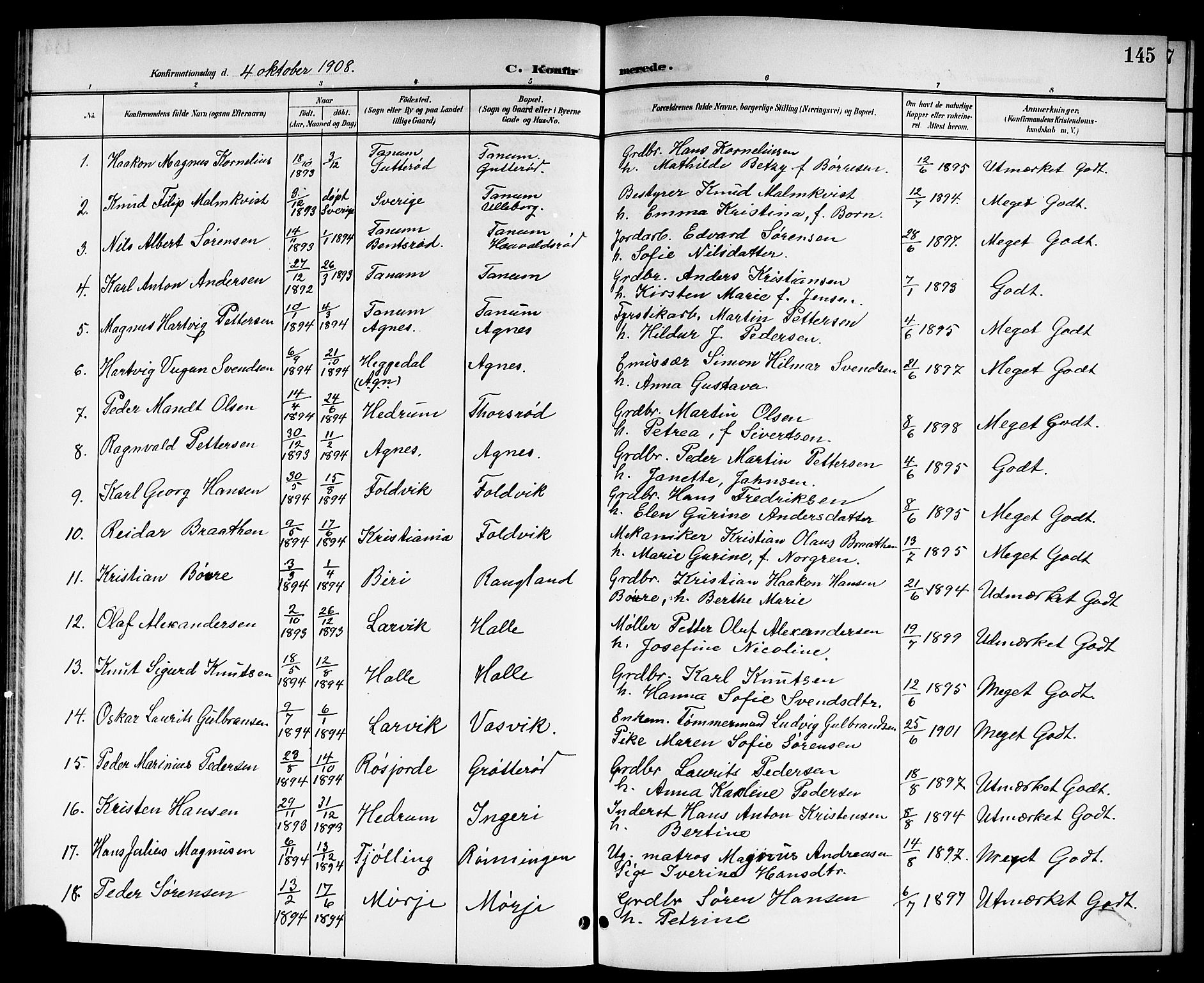 Brunlanes kirkebøker, SAKO/A-342/G/Ga/L0004: Parish register (copy) no. I 4, 1898-1921, p. 145