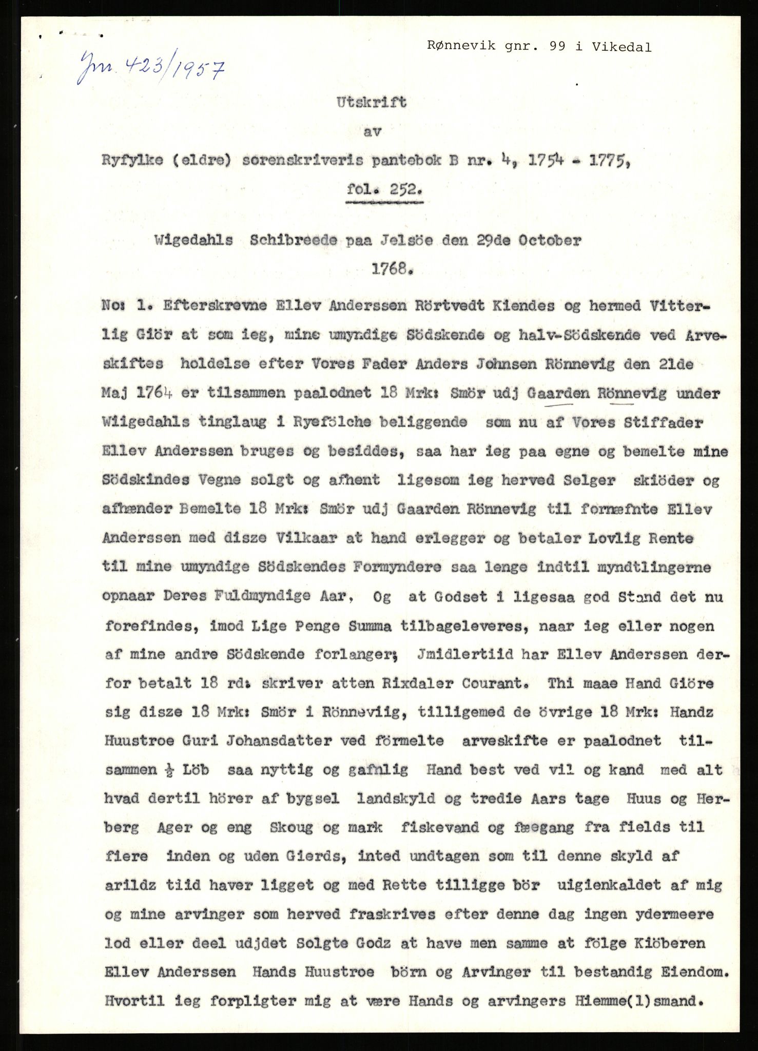 Statsarkivet i Stavanger, SAST/A-101971/03/Y/Yj/L0071: Avskrifter sortert etter gårdsnavn: Røden lille - Røvær, 1750-1930, p. 386