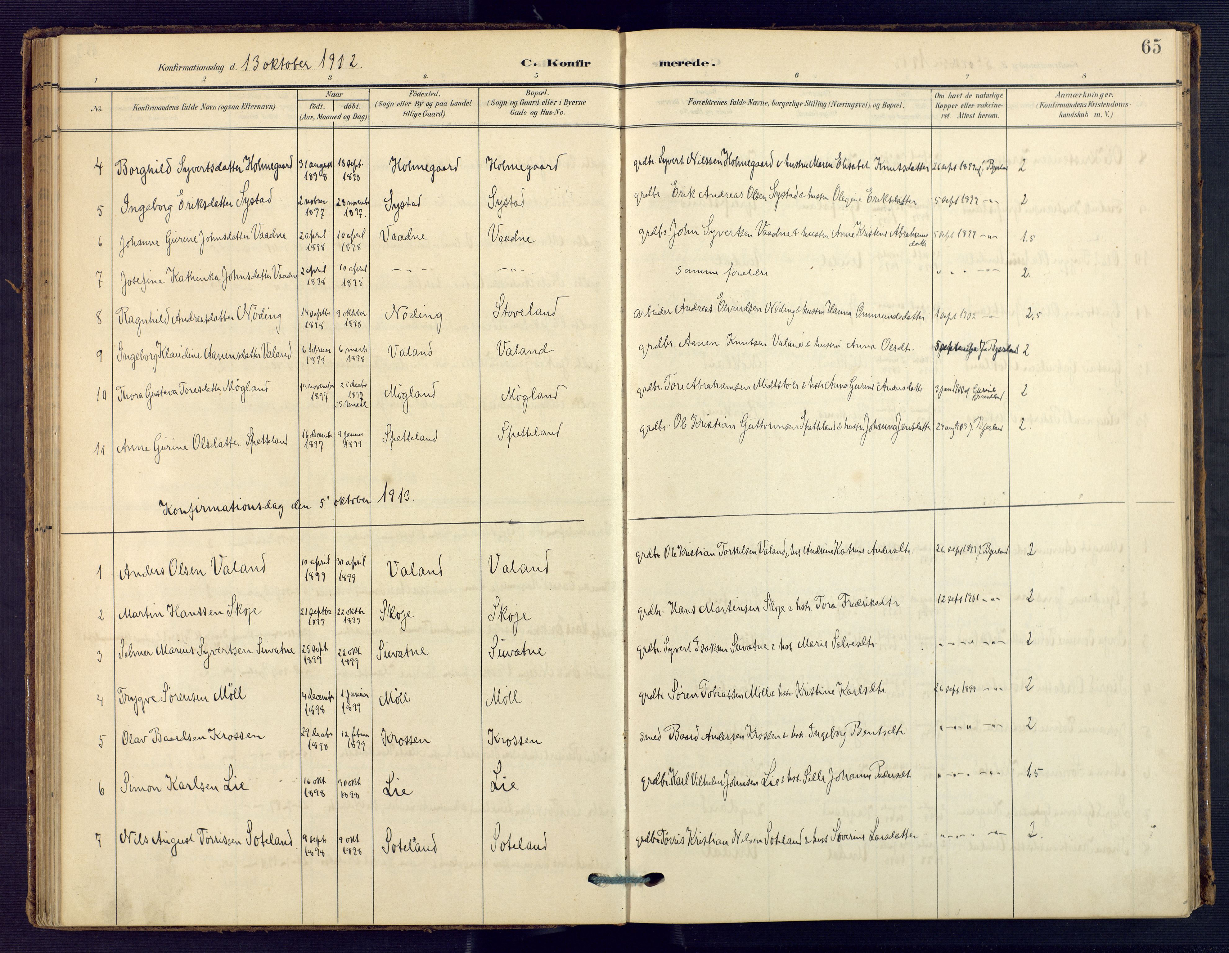 Holum sokneprestkontor, AV/SAK-1111-0022/F/Fa/Faa/L0008: Parish register (official) no. A 8, 1908-1929, p. 65