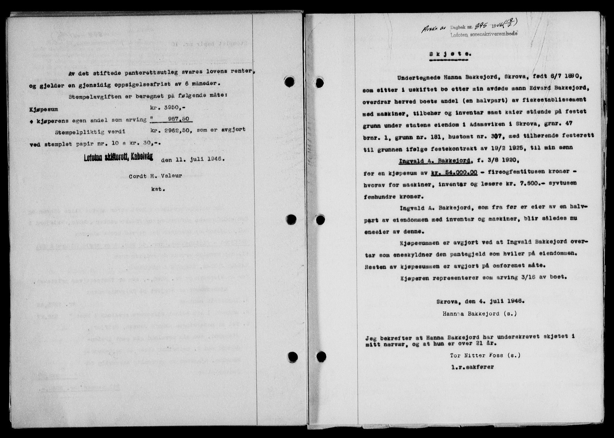 Lofoten sorenskriveri, SAT/A-0017/1/2/2C/L0014a: Mortgage book no. 14a, 1946-1946, Diary no: : 895/1946