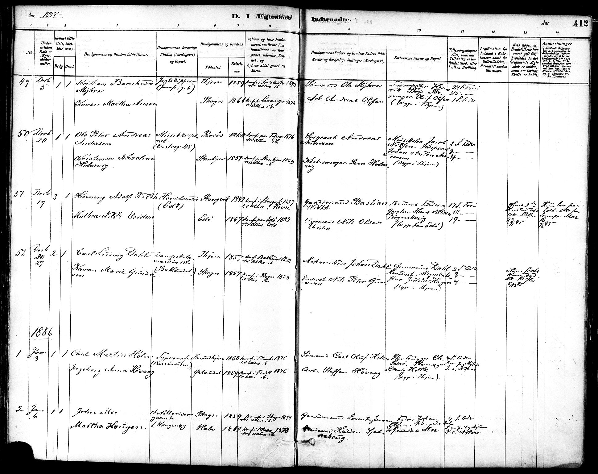Ministerialprotokoller, klokkerbøker og fødselsregistre - Sør-Trøndelag, SAT/A-1456/601/L0058: Parish register (official) no. 601A26, 1877-1891, p. 412