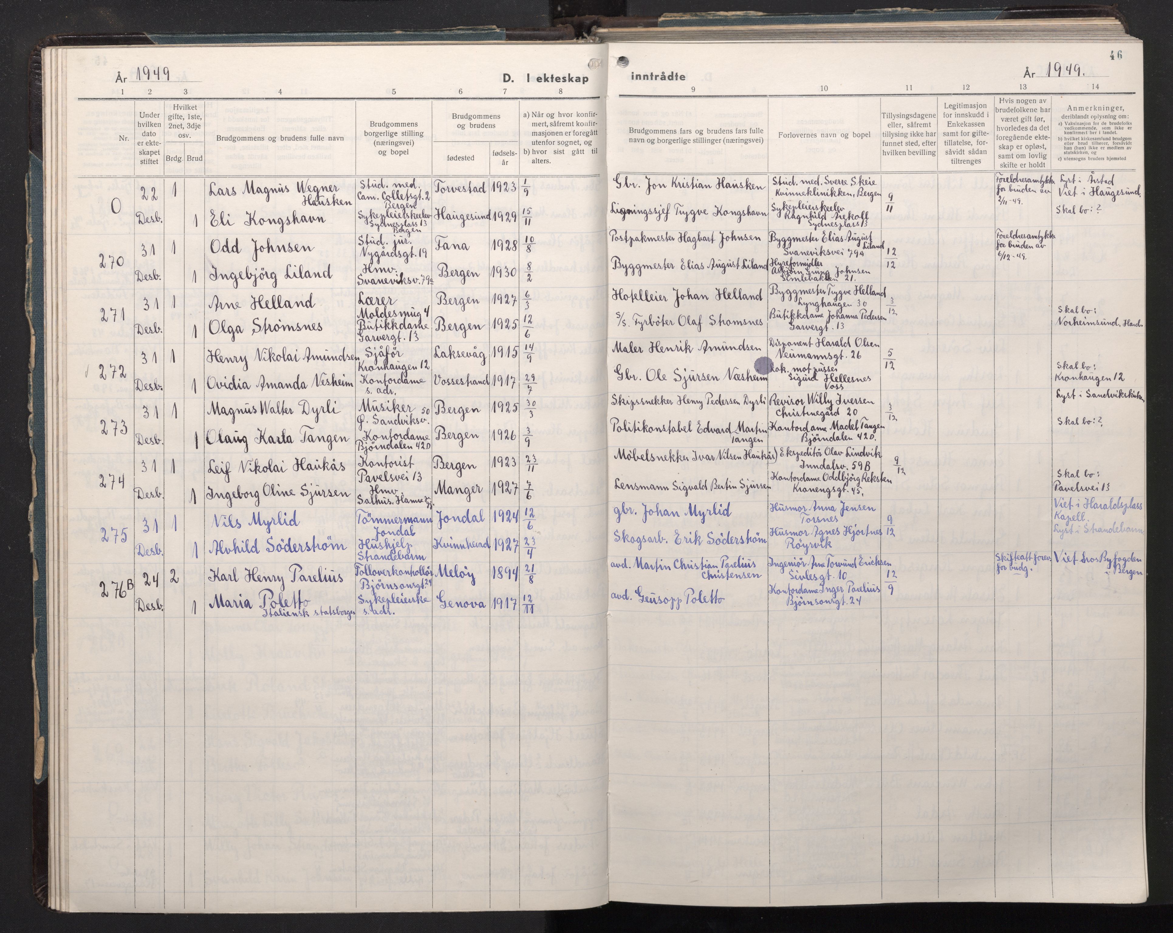 Årstad Sokneprestembete, AV/SAB-A-79301/H/Hab/L0022: Parish register (copy) no. C 4, 1948-1960, p. 45b-46a