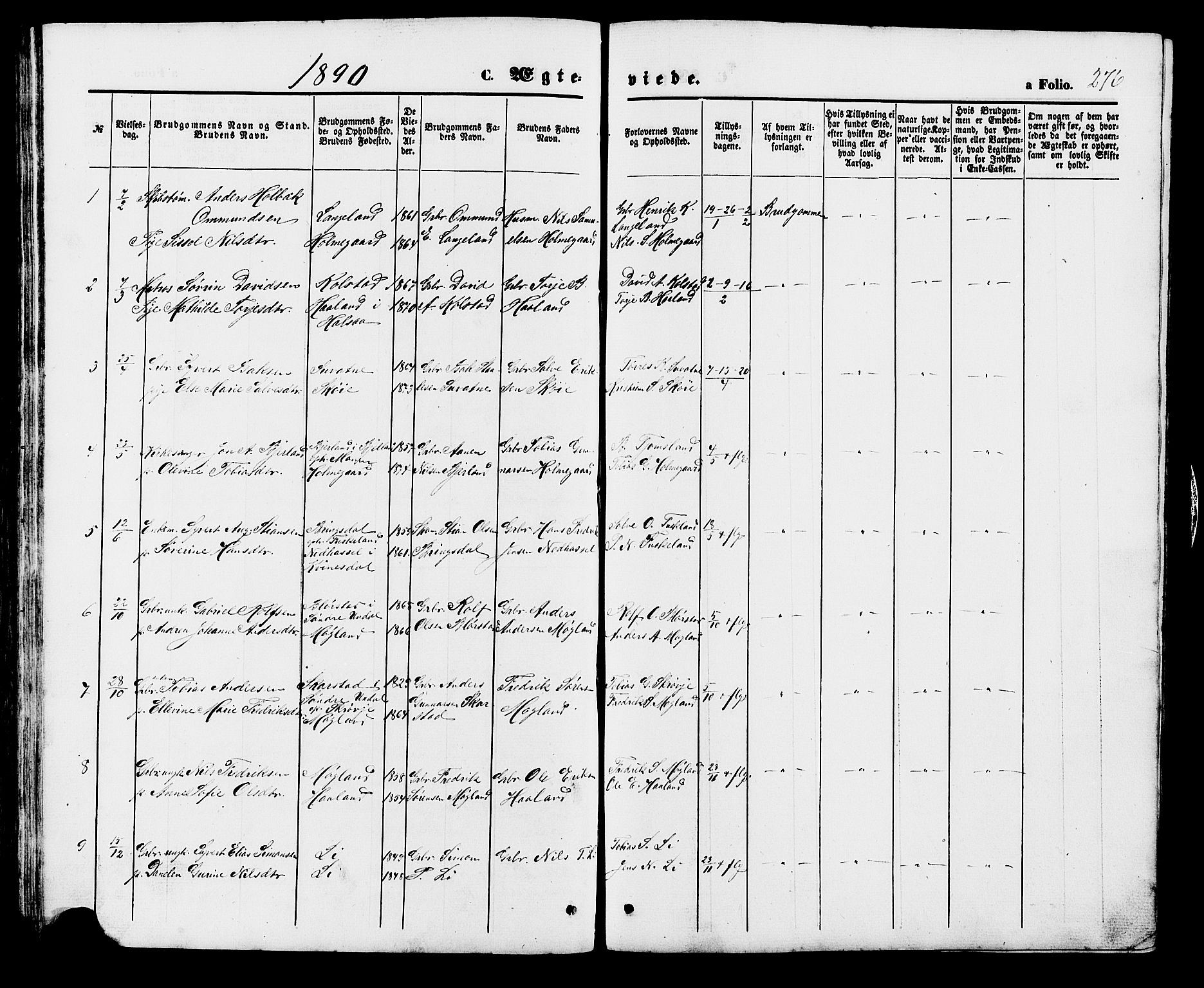 Holum sokneprestkontor, AV/SAK-1111-0022/F/Fb/Fba/L0004: Parish register (copy) no. B 4, 1867-1890, p. 276