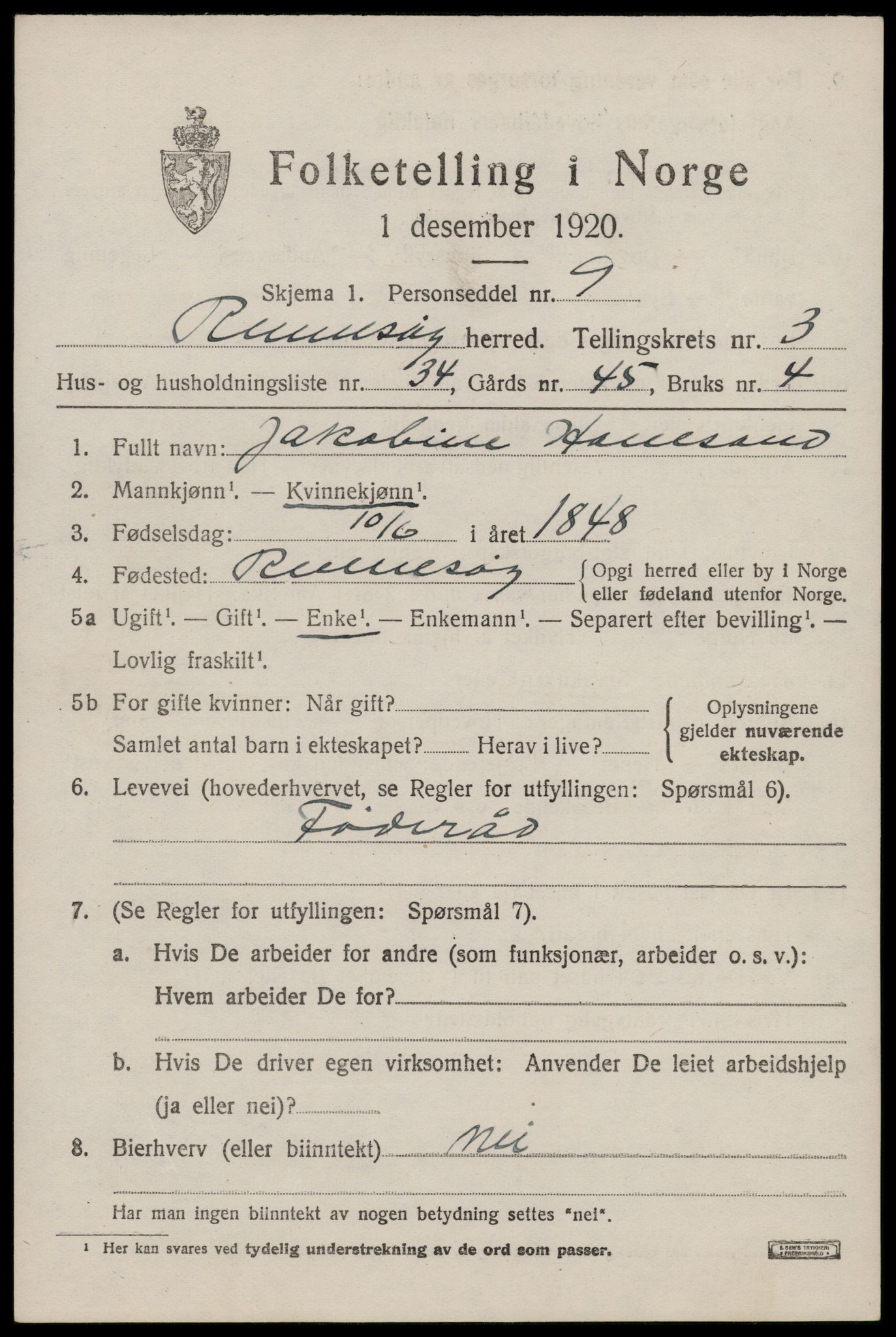 SAST, 1920 census for Rennesøy, 1920, p. 2354