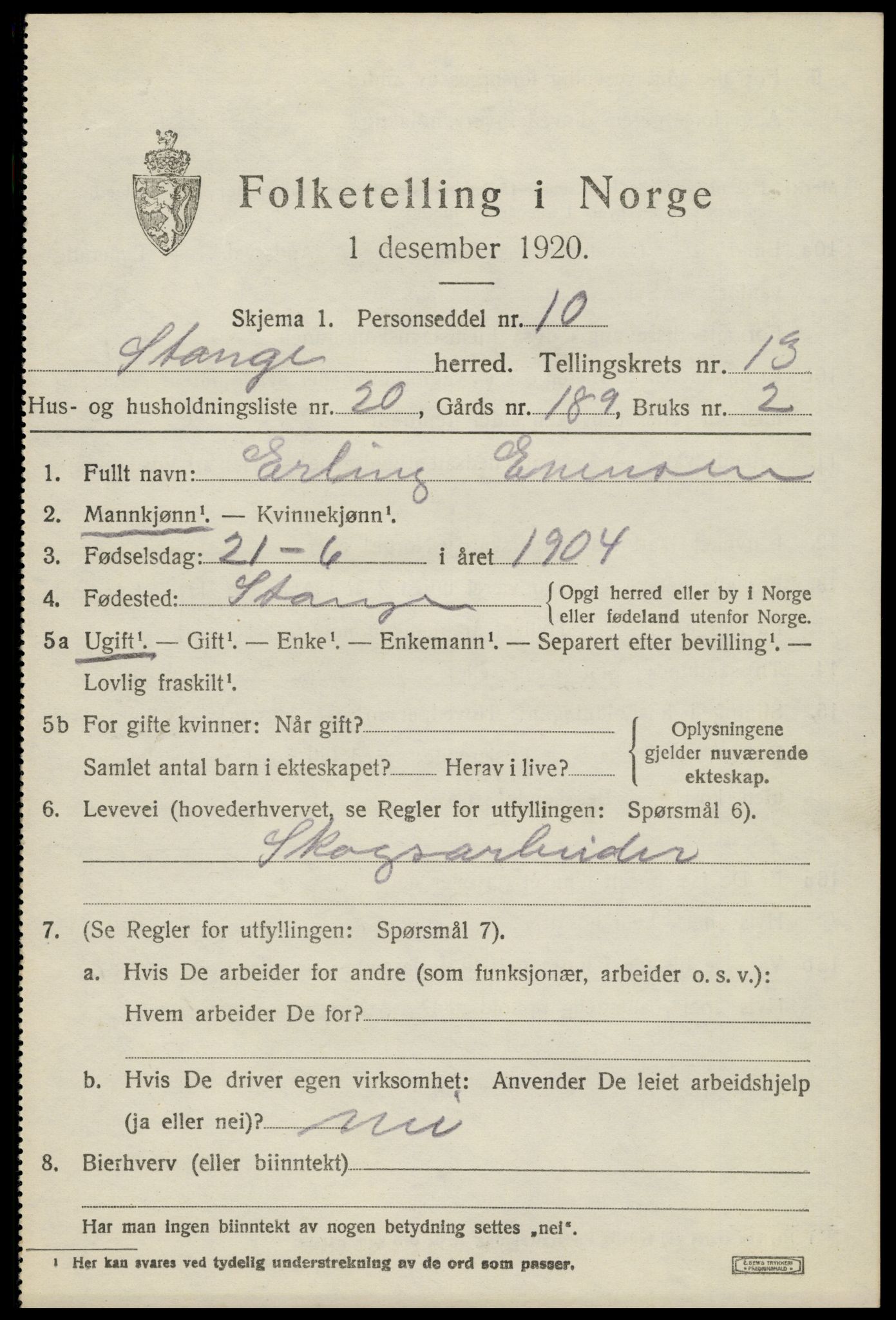 SAH, 1920 census for Stange, 1920, p. 19639