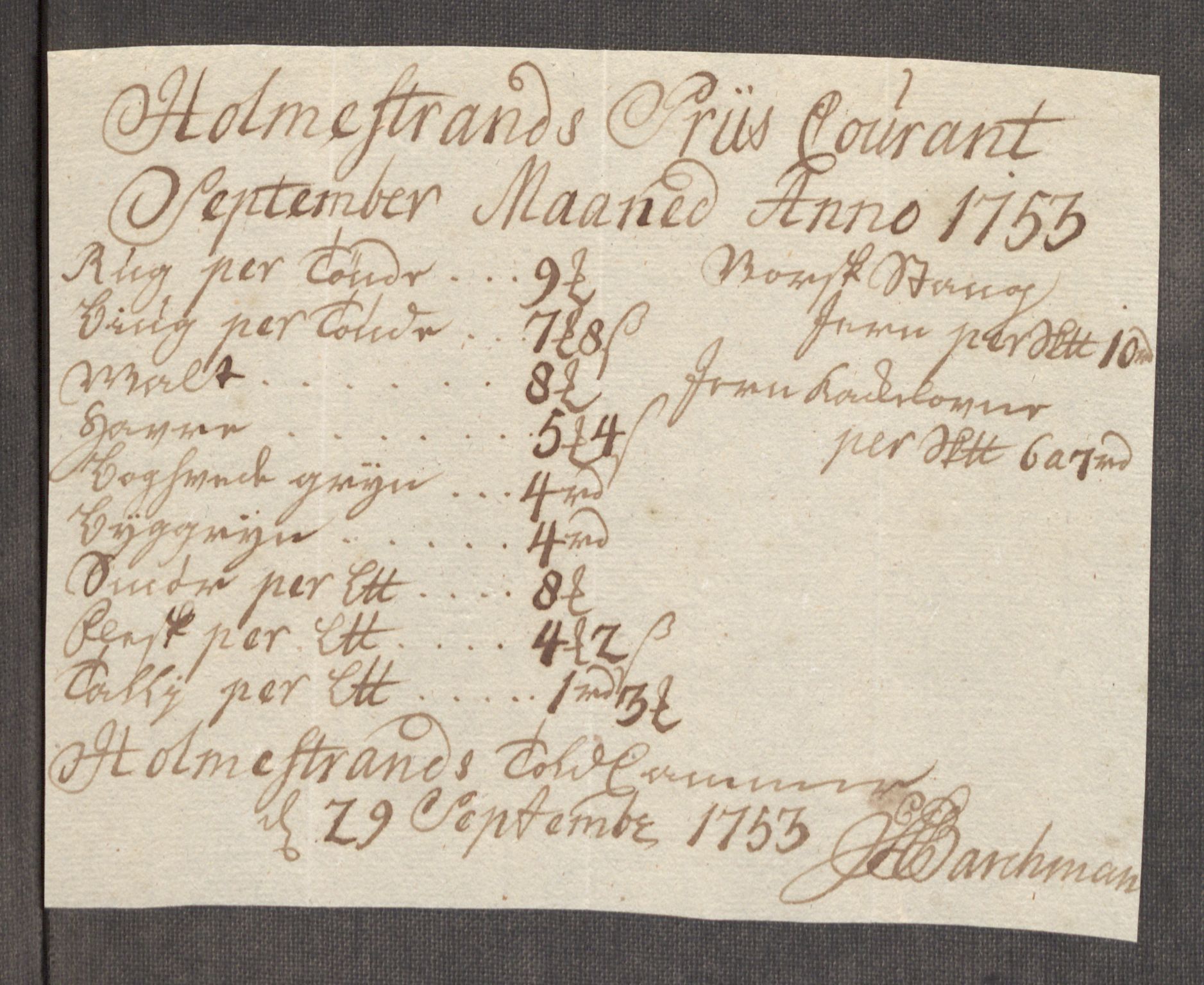 Rentekammeret inntil 1814, Realistisk ordnet avdeling, RA/EA-4070/Oe/L0005: [Ø1]: Priskuranter, 1753-1757, p. 79