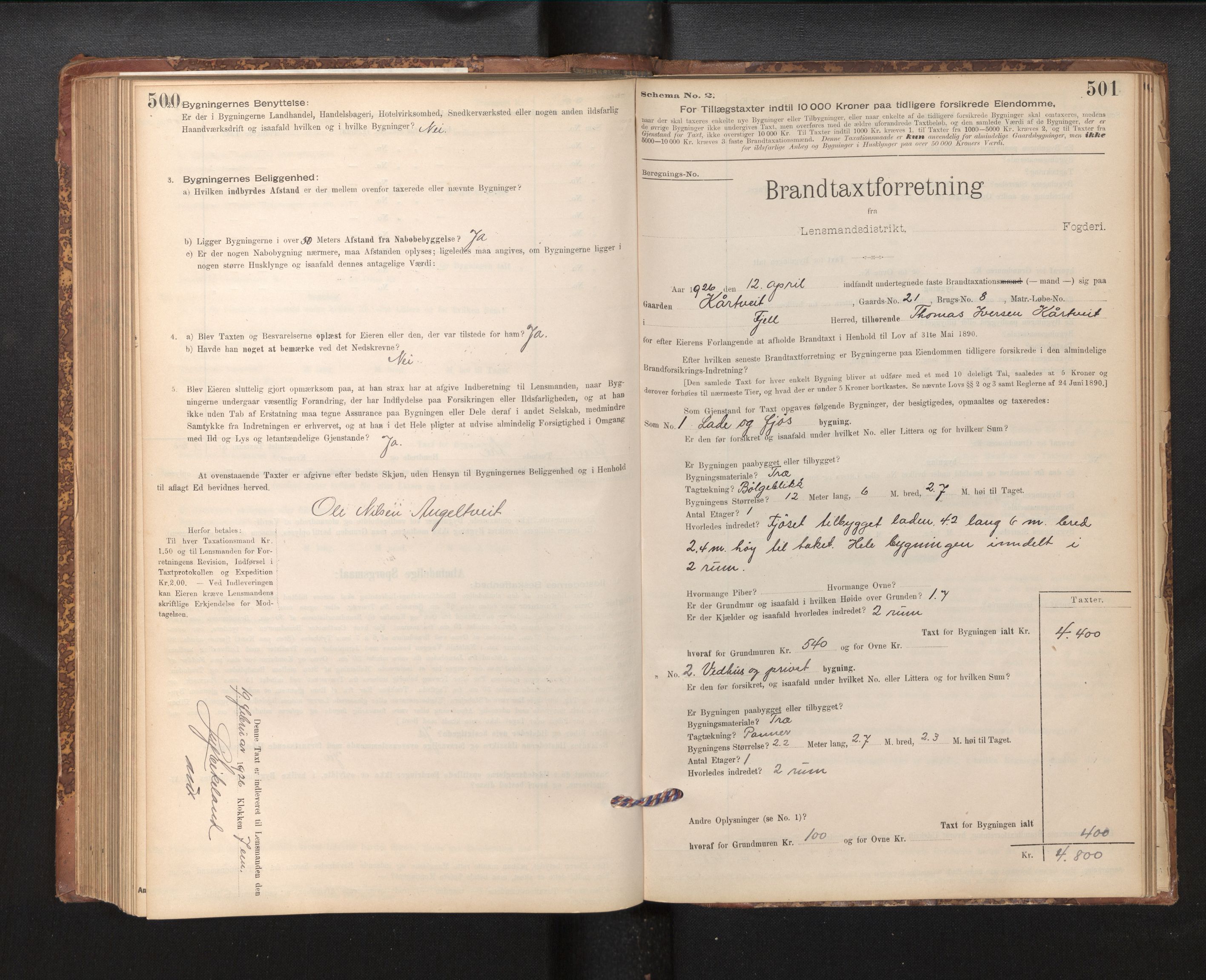 Lensmannen i Fjell, AV/SAB-A-32301/0012/L0005: Branntakstprotokoll, skjematakst, 1895-1931, p. 500-501