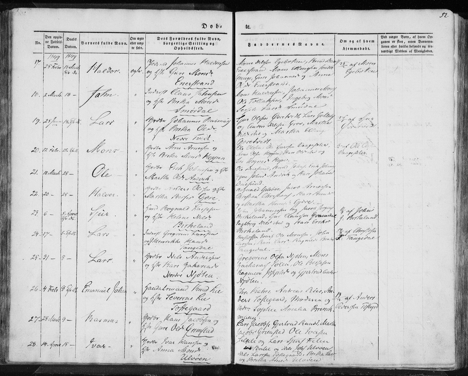 Lindås Sokneprestembete, SAB/A-76701/H/Haa: Parish register (official) no. A 10, 1842-1862, p. 52