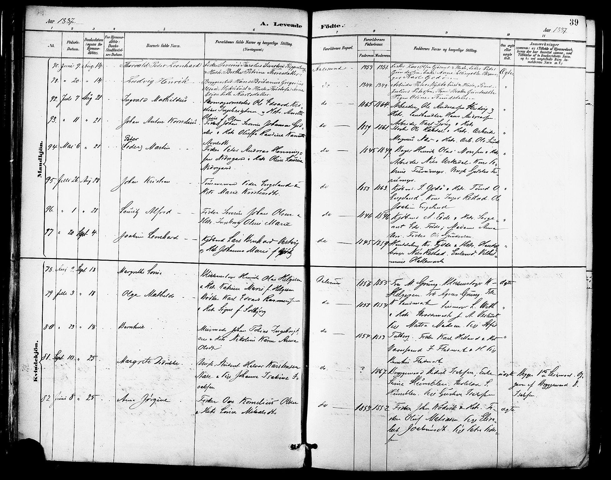 Ministerialprotokoller, klokkerbøker og fødselsregistre - Møre og Romsdal, AV/SAT-A-1454/529/L0455: Parish register (official) no. 529A05, 1885-1893, p. 39