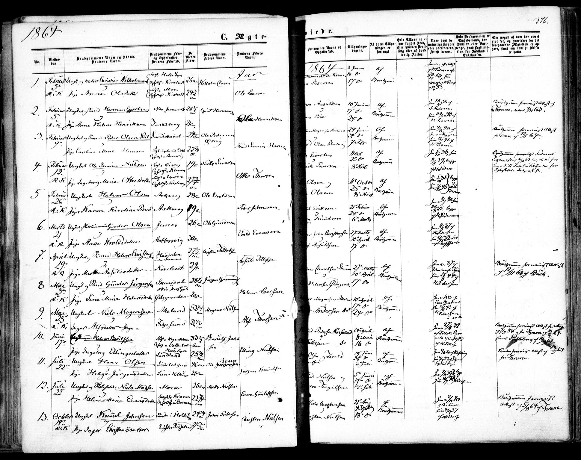 Søndeled sokneprestkontor, SAK/1111-0038/F/Fa/L0003: Parish register (official) no. A 3, 1861-1879, p. 376