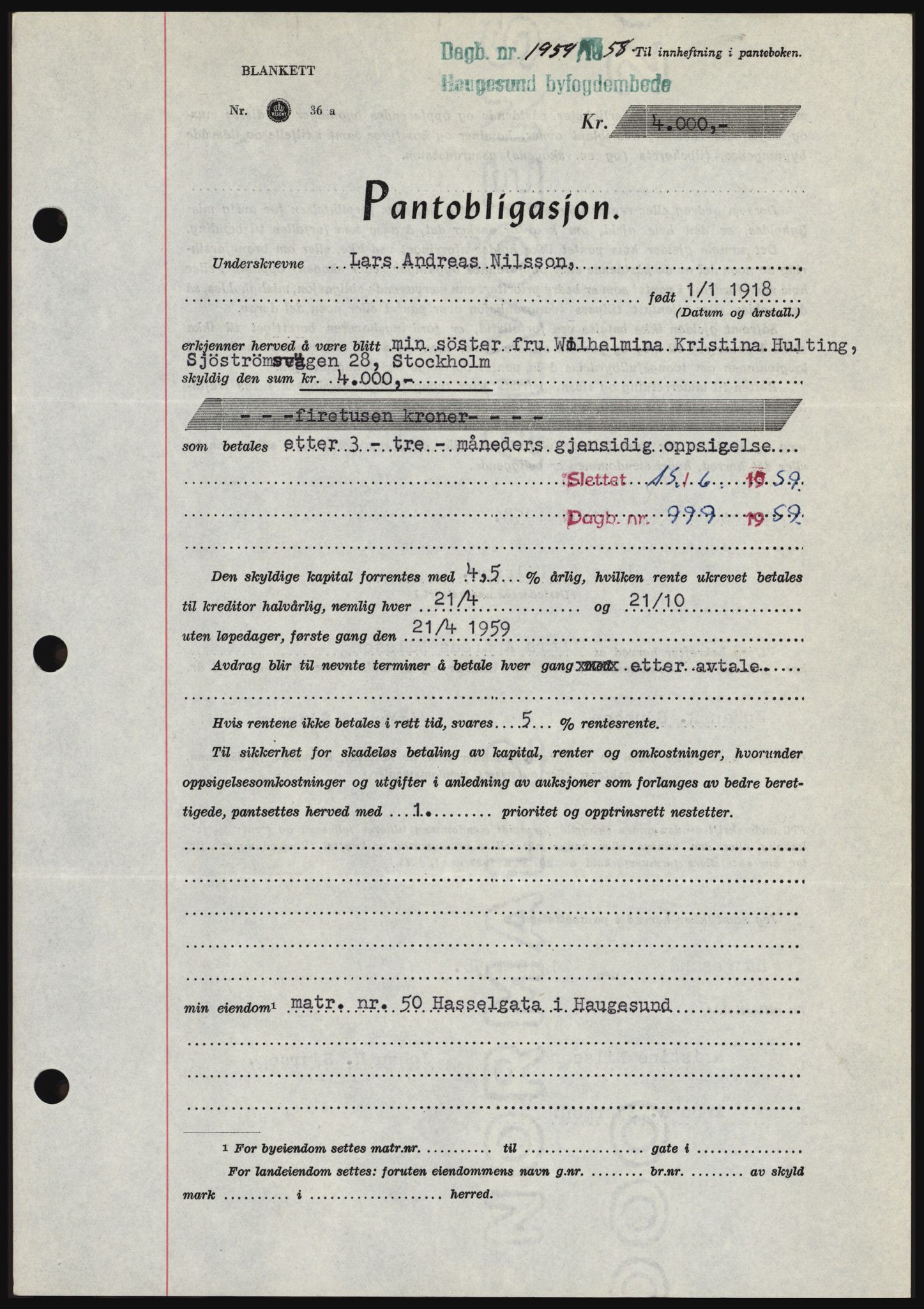 Haugesund tingrett, SAST/A-101415/01/II/IIC/L0044: Mortgage book no. B 44, 1958-1959, Diary no: : 1959/1958