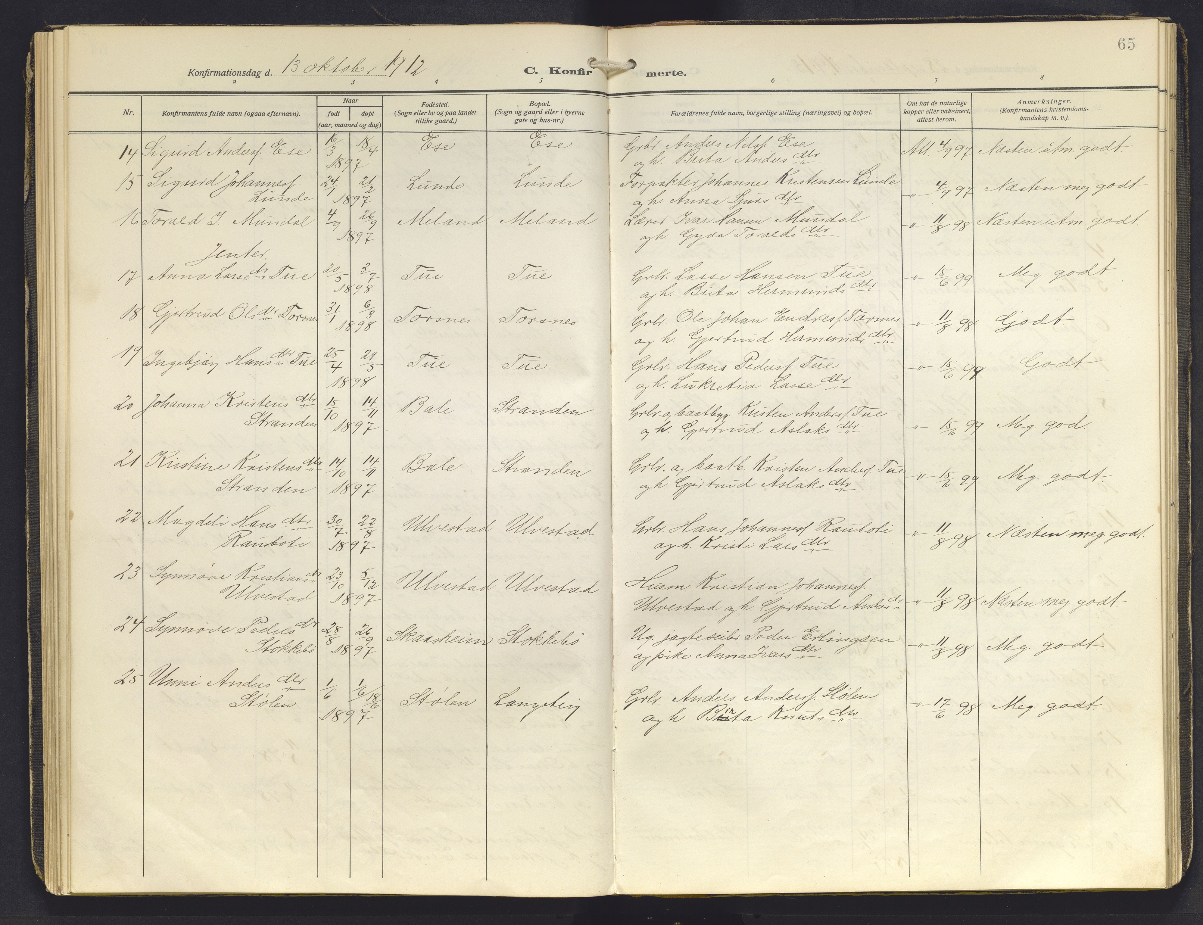 Balestrand sokneprestembete, AV/SAB-A-79601/H/Haa/Haab/L0002: Parish register (official) no. B 2, 1911-1932, p. 65