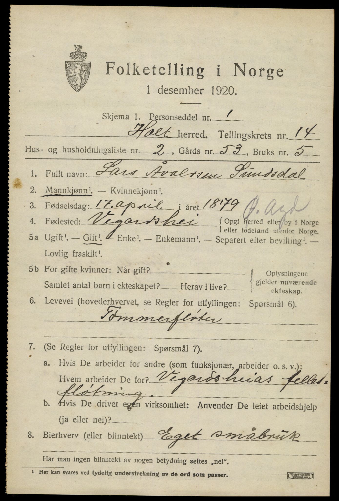 SAK, 1920 census for Holt, 1920, p. 7990