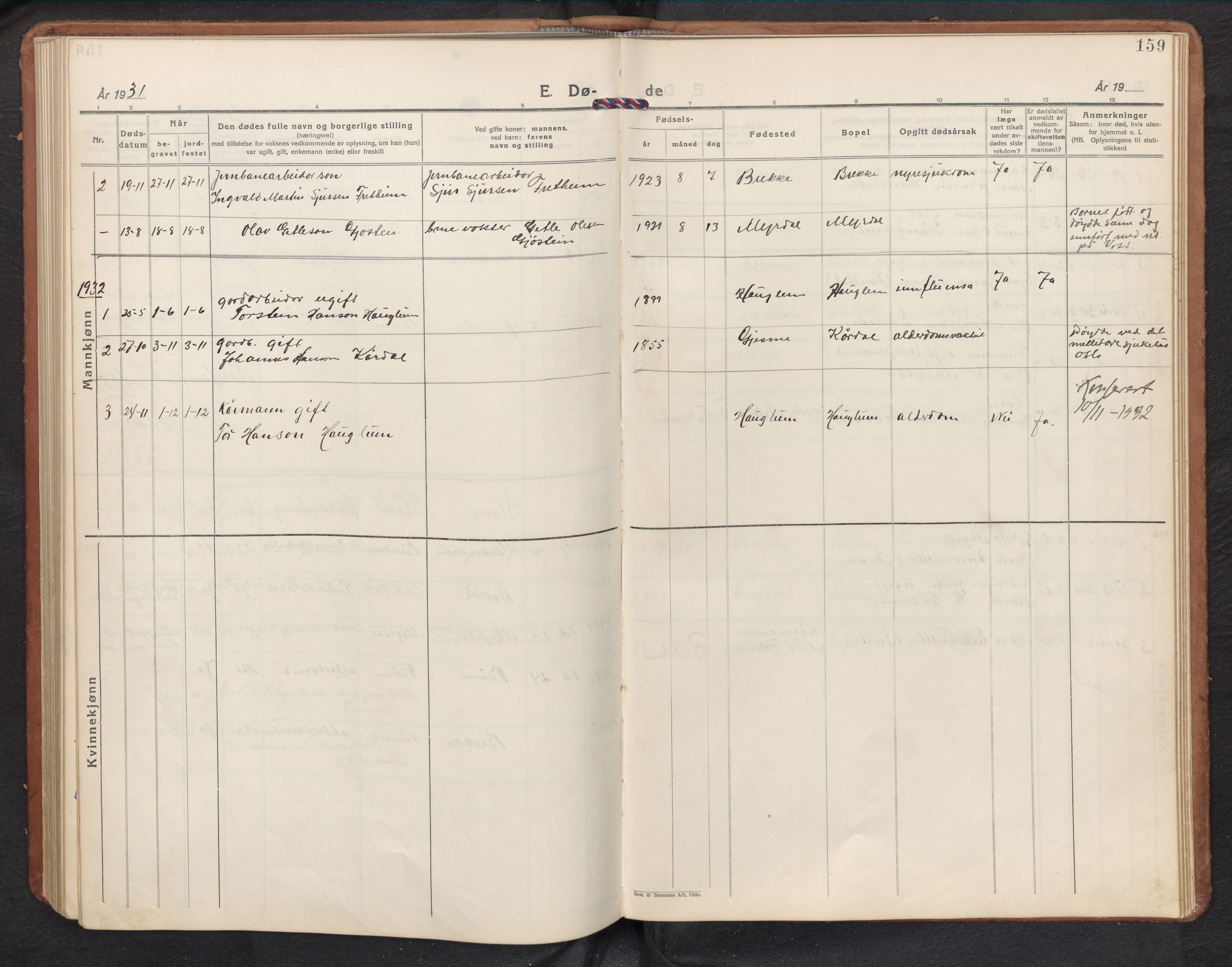 Aurland sokneprestembete, SAB/A-99937/H/Hb/Hbb/L0003: Parish register (copy) no. B 3, 1929-1972, p. 158b-159a