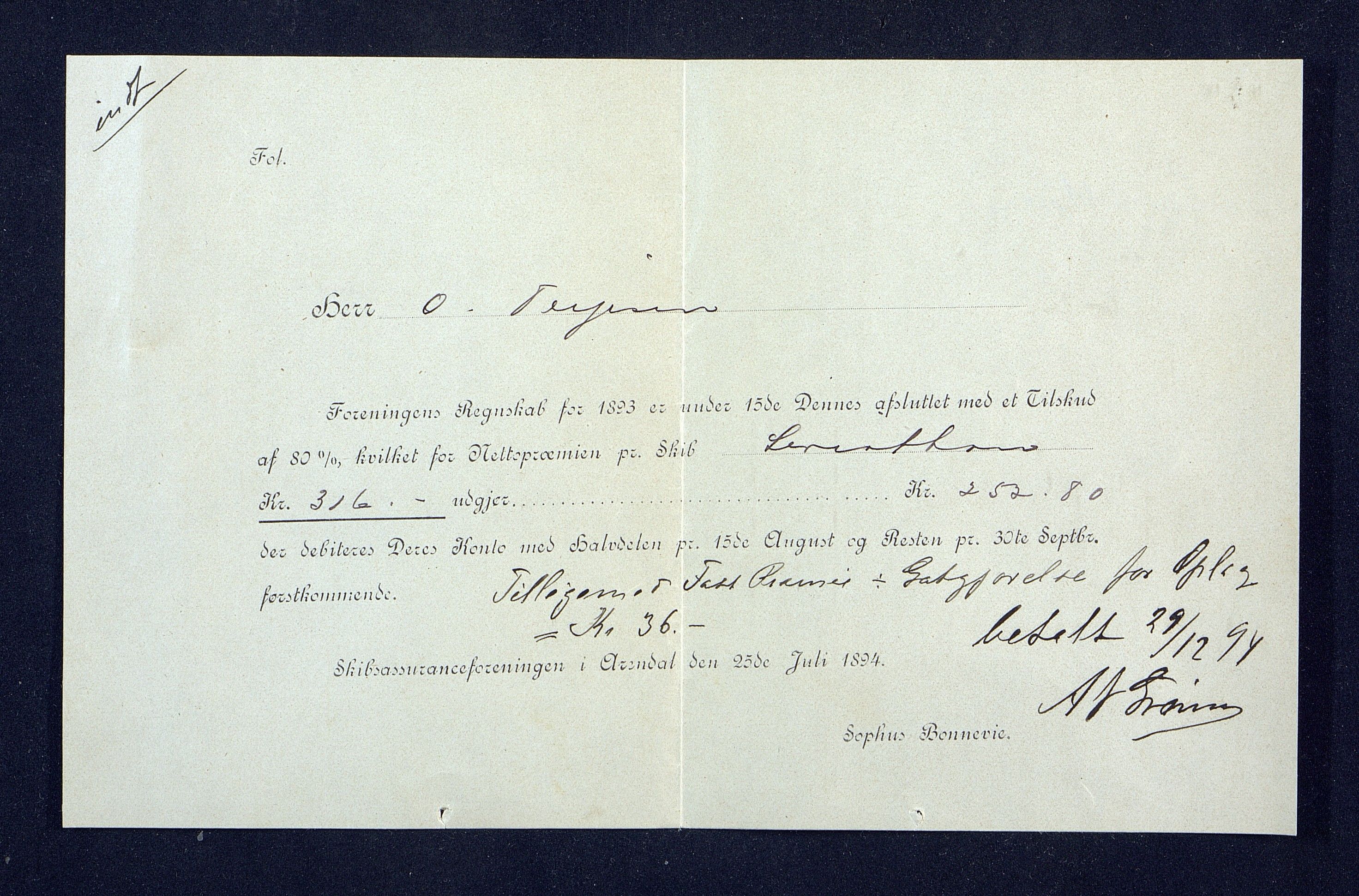 O. Terjesens rederi, AAKS/PA-2525/R/R02/L0001: Regnskapsbilag, 1884-1898