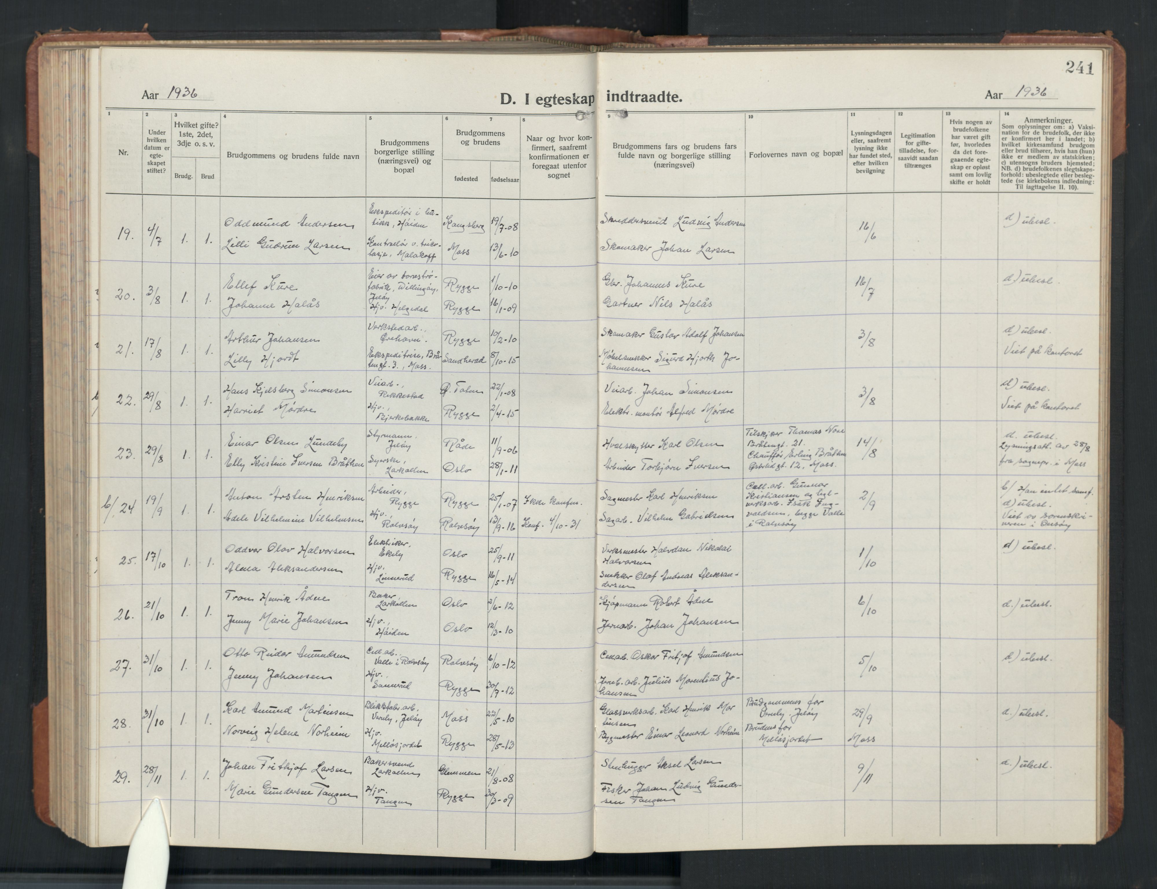 Rygge prestekontor Kirkebøker, SAO/A-10084b/G/Ga/L0004: Parish register (copy) no. 4, 1922-1953, p. 241