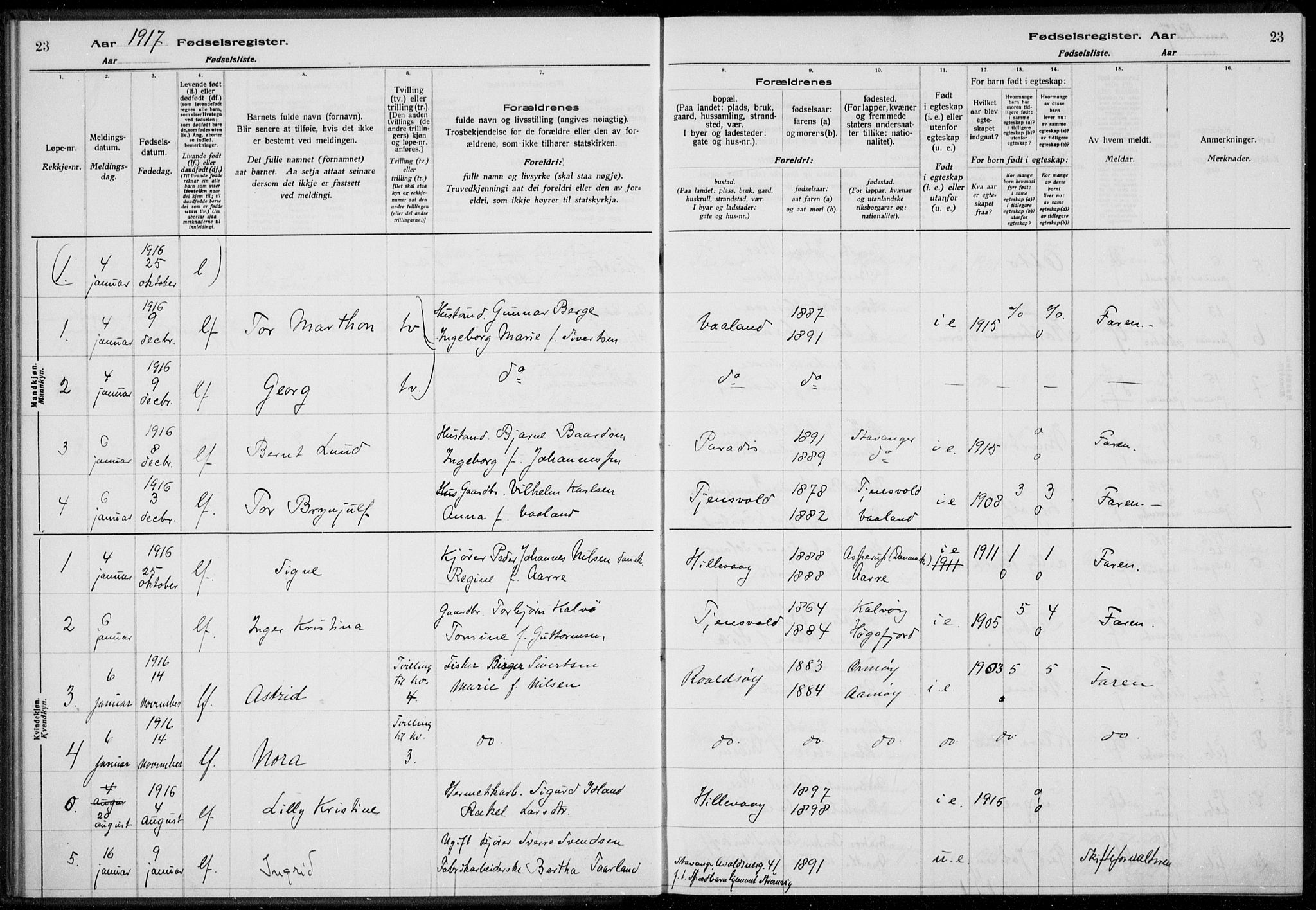 Hetland sokneprestkontor, SAST/A-101826/70/704BA/L0003: Birth register no. 1, 1916-1923, p. 23