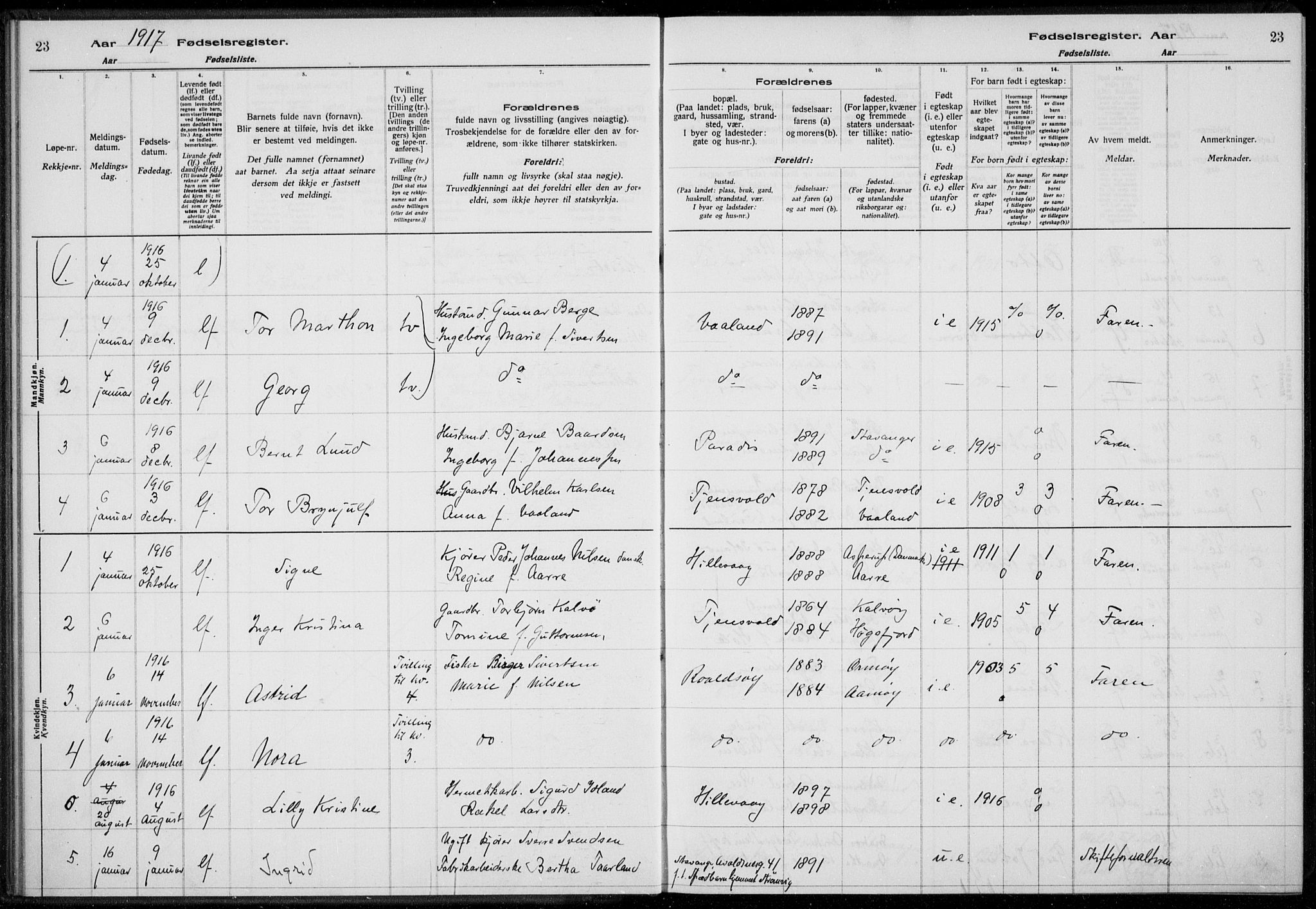 Hetland sokneprestkontor, AV/SAST-A-101826/70/704BA/L0003: Birth register no. 1, 1916-1923, p. 23