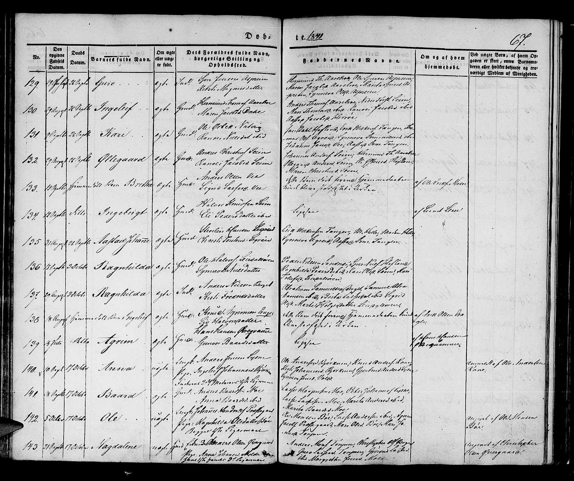 Lærdal sokneprestembete, AV/SAB-A-81201: Parish register (official) no. A 6, 1835-1849, p. 67