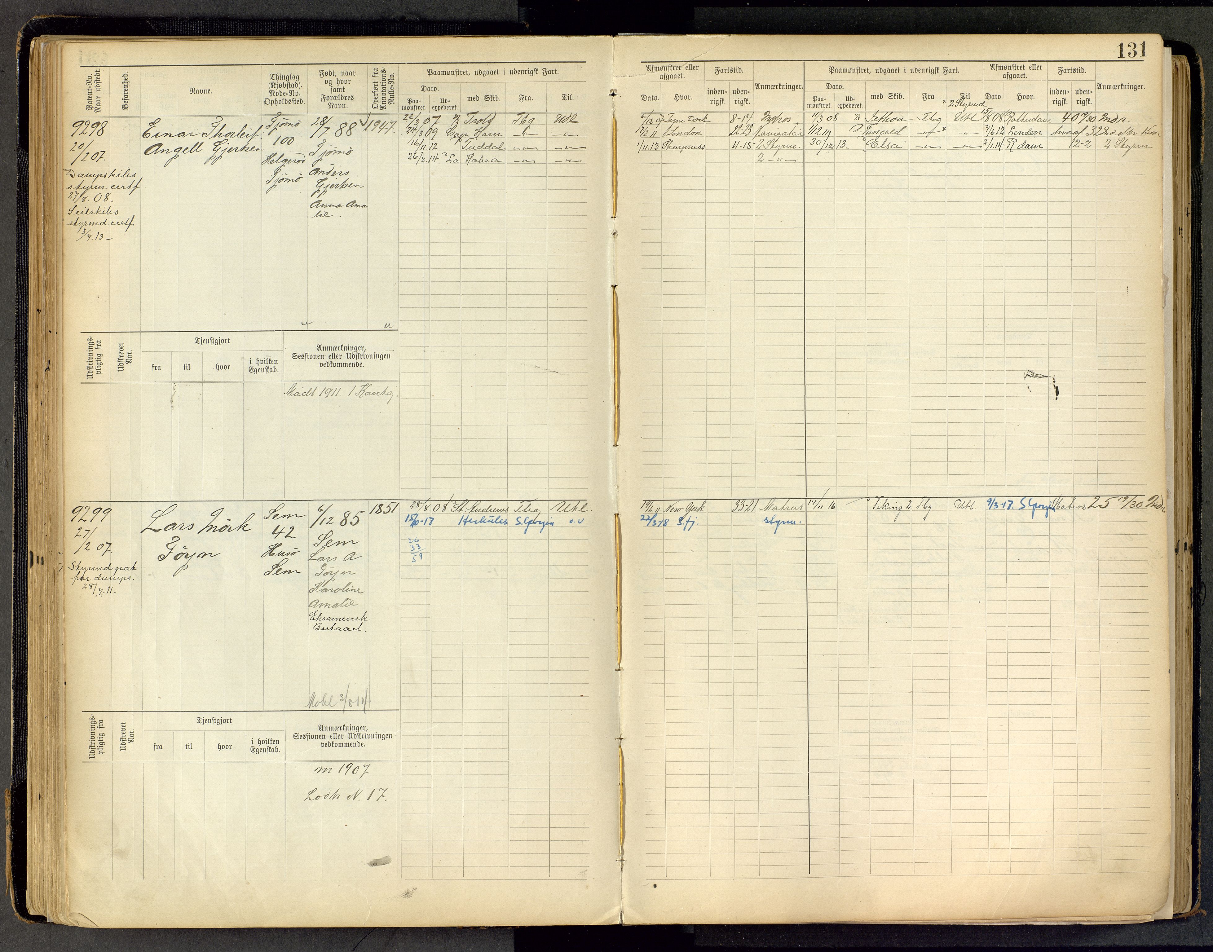 Tønsberg innrulleringskontor, AV/SAKO-A-786/F/Fc/Fca/L0011: Hovedrulle Patent nr. 9038-9992, 1900-1912, p. 131