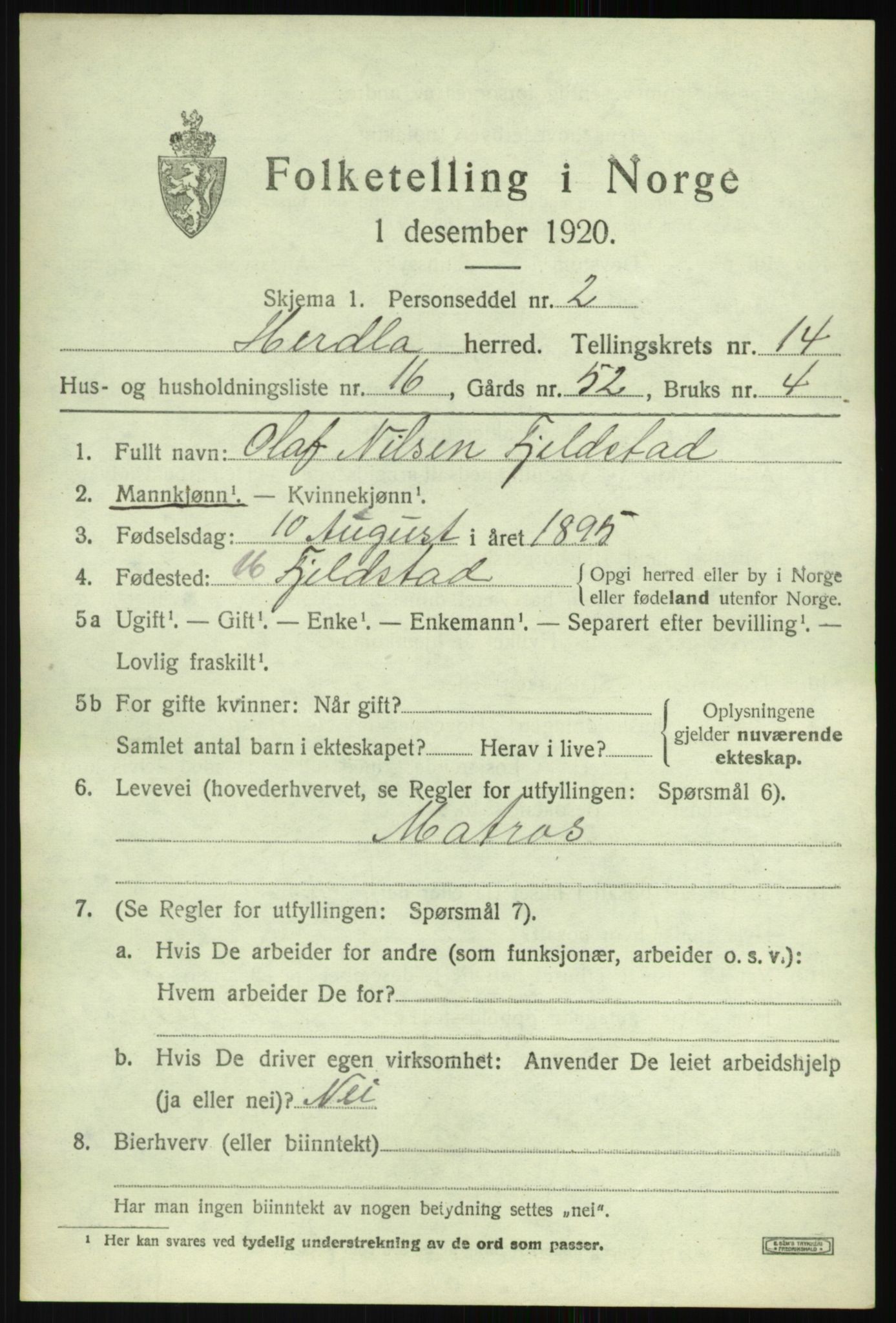 SAB, 1920 census for Herdla, 1920, p. 9887