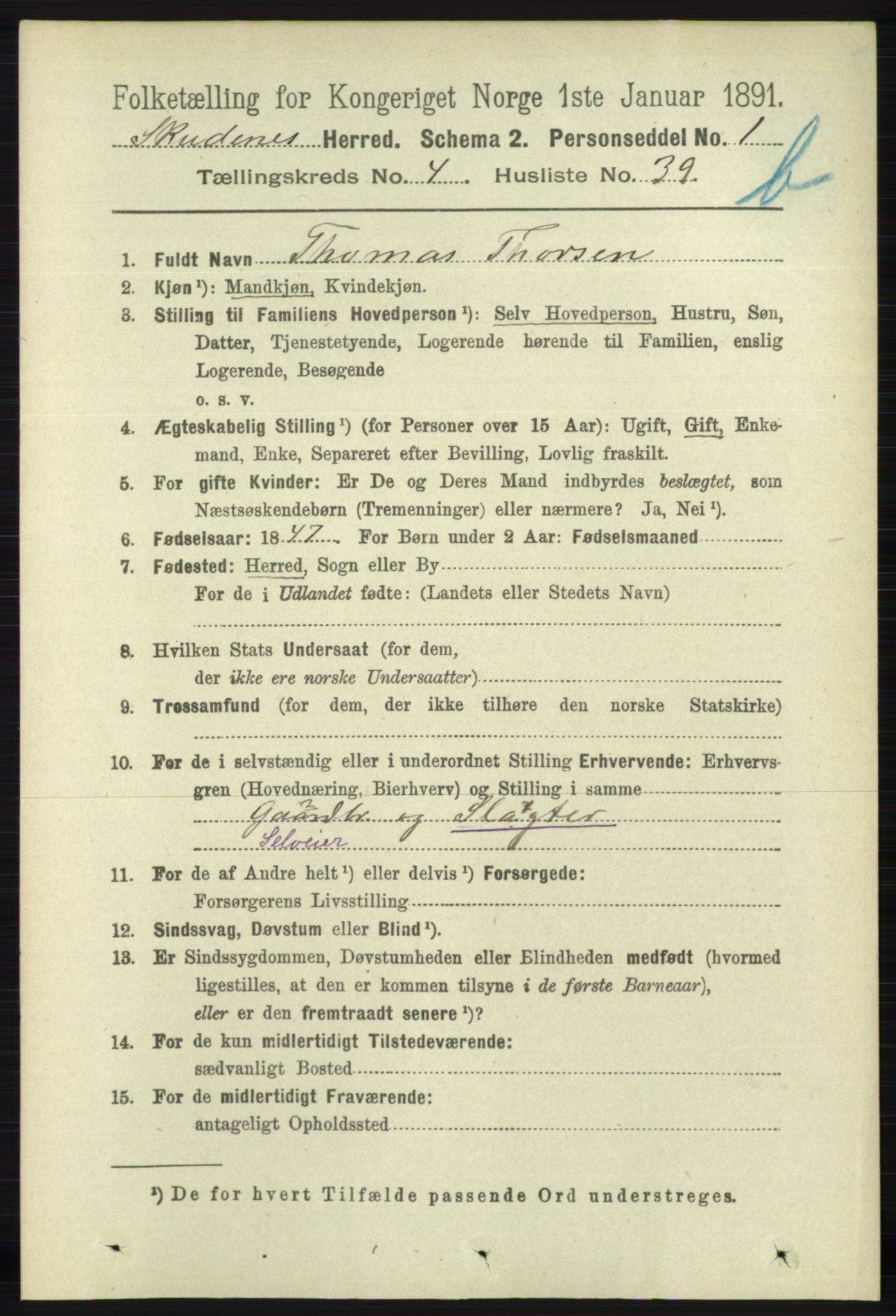 RA, 1891 census for 1150 Skudenes, 1891, p. 4745