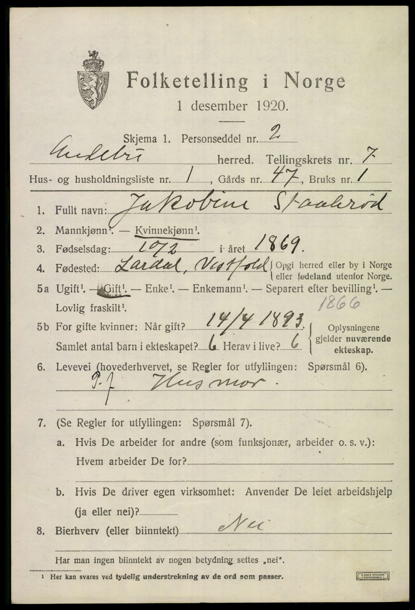 SAKO, 1920 census for Andebu, 1920, p. 3200