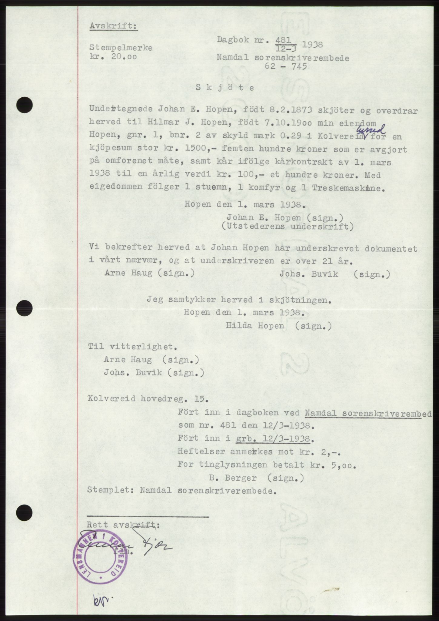 Namdal sorenskriveri, SAT/A-4133/1/2/2C: Mortgage book no. -, 1937-1939, Deed date: 12.03.1938