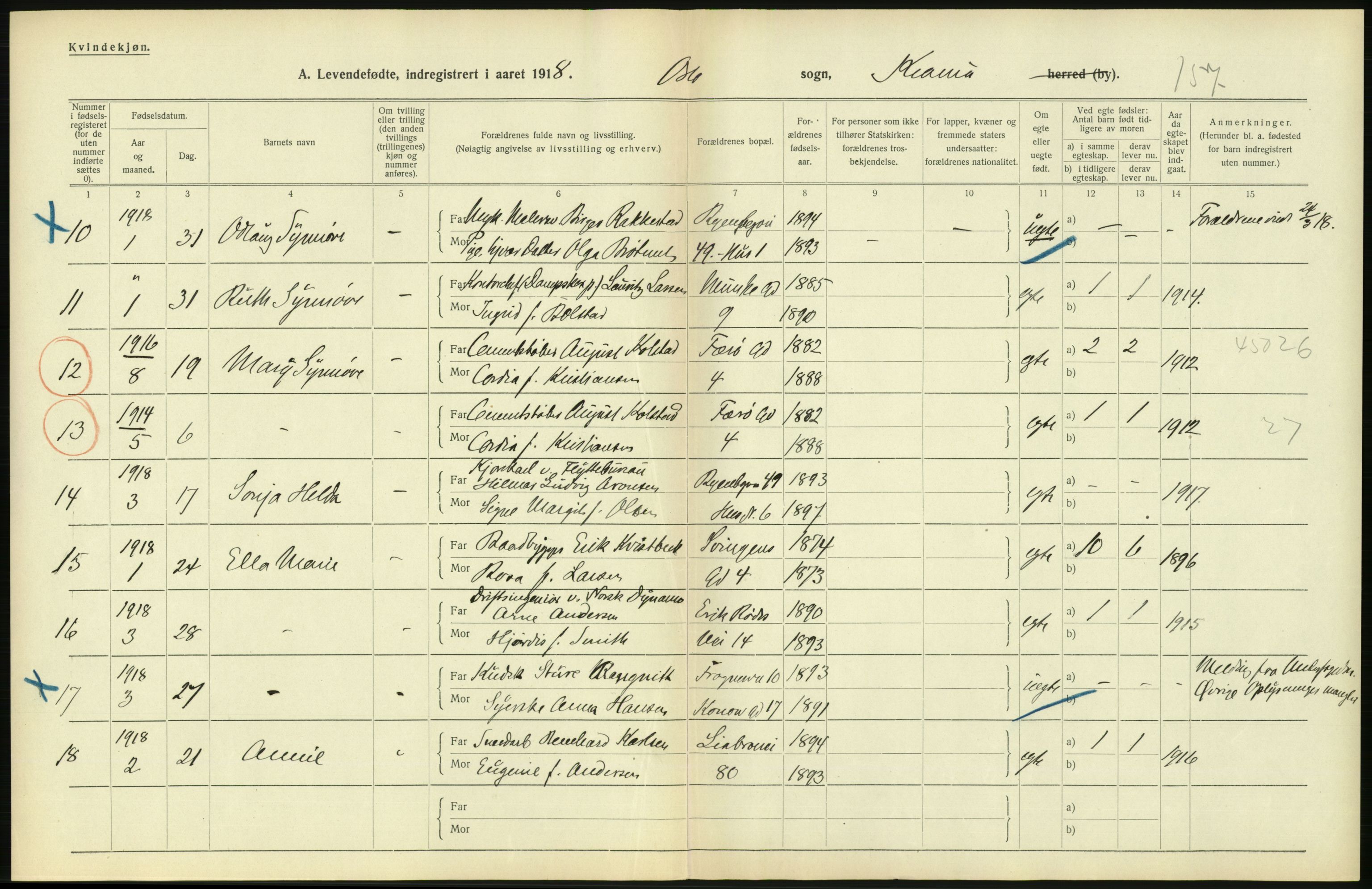 Statistisk sentralbyrå, Sosiodemografiske emner, Befolkning, AV/RA-S-2228/D/Df/Dfb/Dfbh/L0007: Kristiania: Levendefødte menn og kvinner., 1918, p. 304