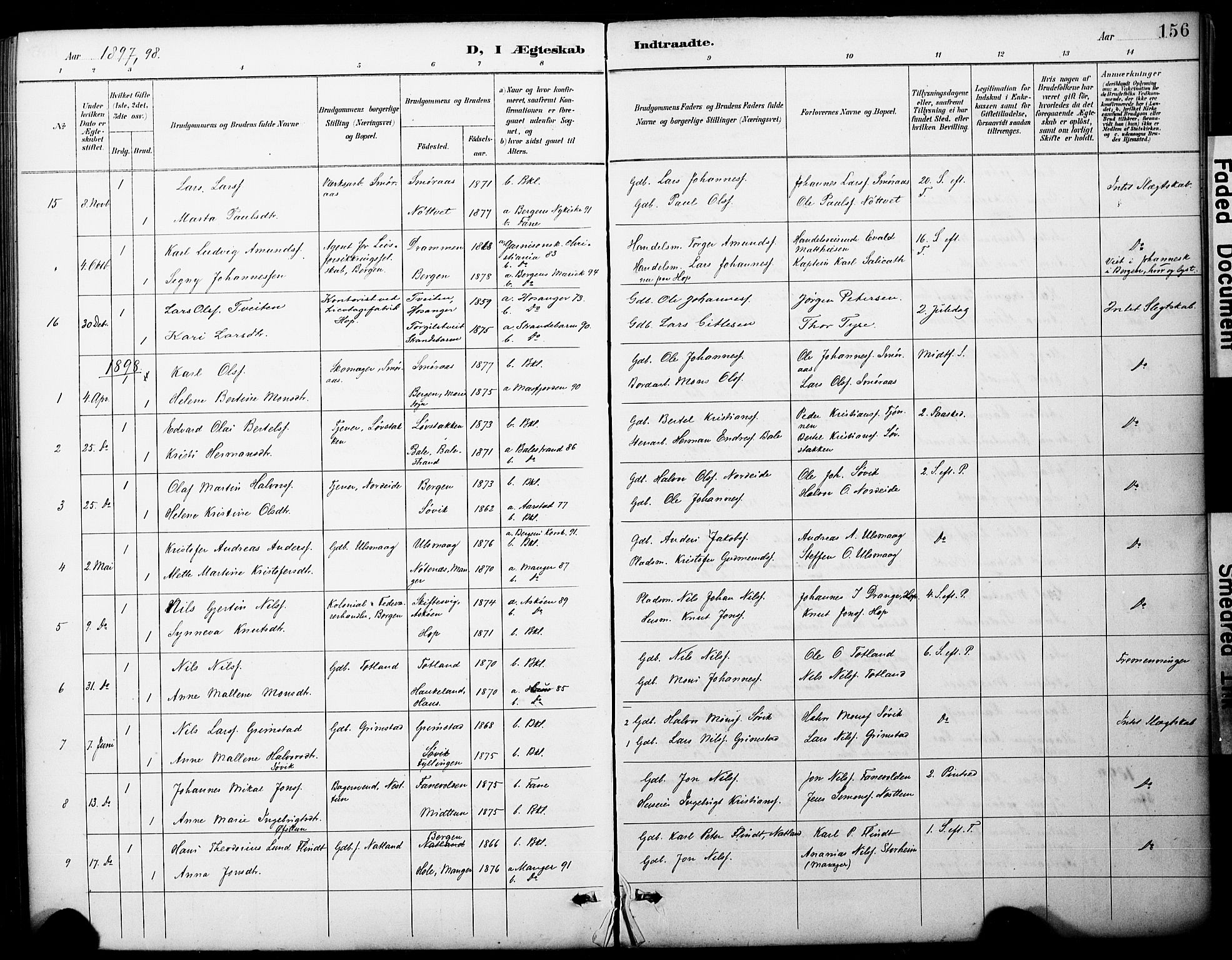 Fana Sokneprestembete, SAB/A-75101/H/Haa/Haai/L0002: Parish register (official) no. I 2, 1888-1899, p. 156