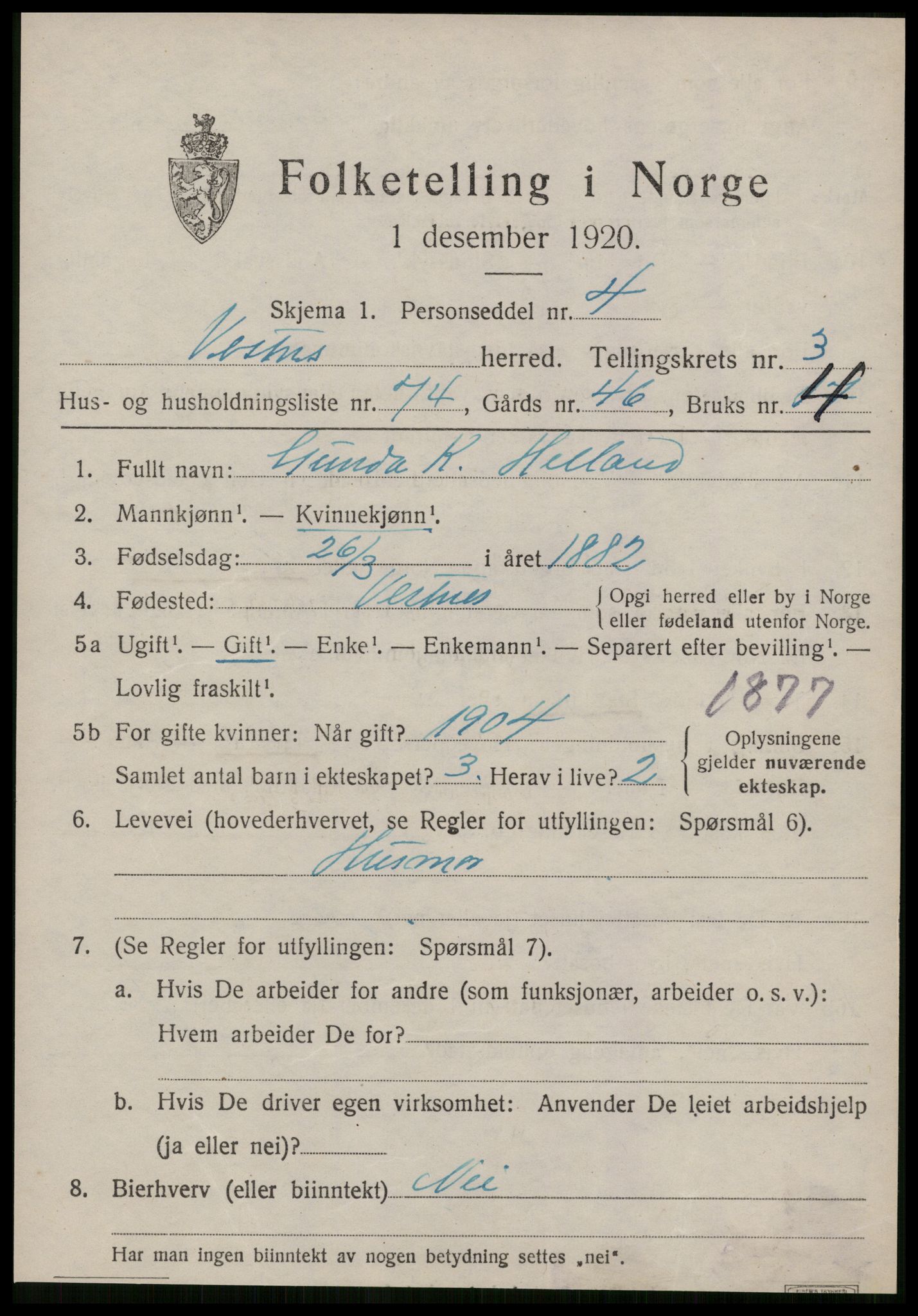 SAT, 1920 census for Vestnes, 1920, p. 3391