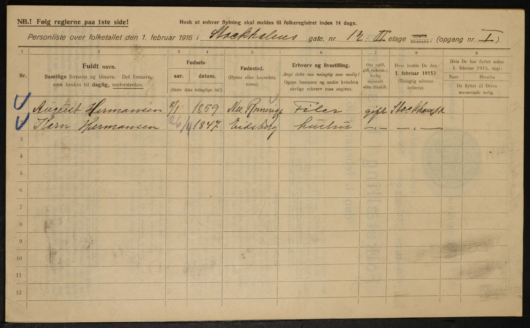 OBA, Municipal Census 1916 for Kristiania, 1916, p. 105385