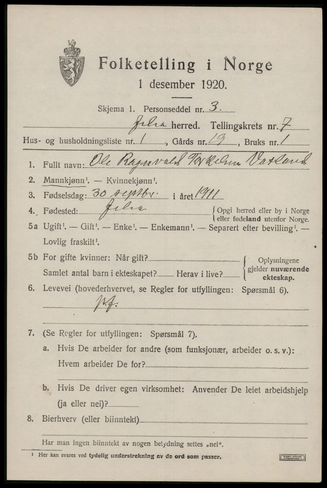 SAST, 1920 census for Jelsa, 1920, p. 1892