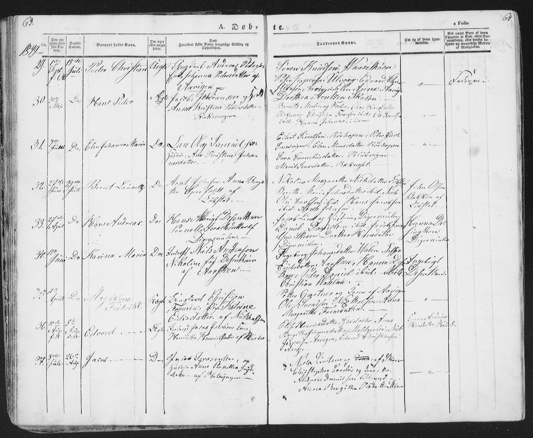 Ministerialprotokoller, klokkerbøker og fødselsregistre - Nordland, AV/SAT-A-1459/874/L1072: Parish register (copy) no. 874C01, 1843-1859, p. 63-64