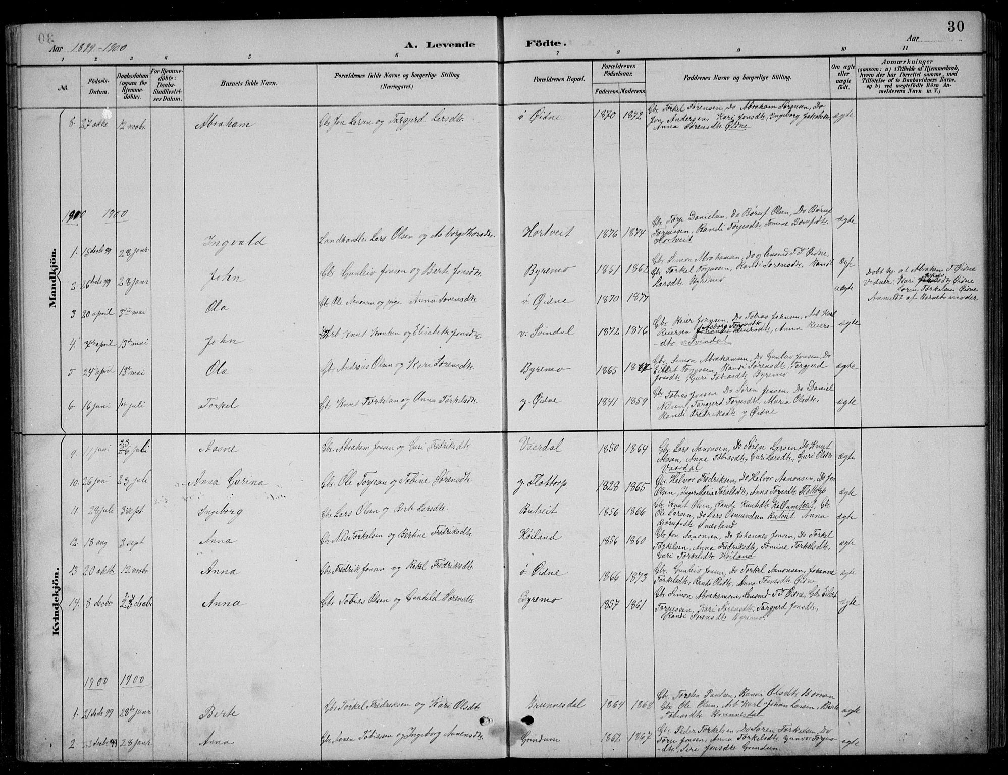 Bjelland sokneprestkontor, SAK/1111-0005/F/Fb/Fbc/L0003: Parish register (copy) no. B 3, 1887-1924, p. 30