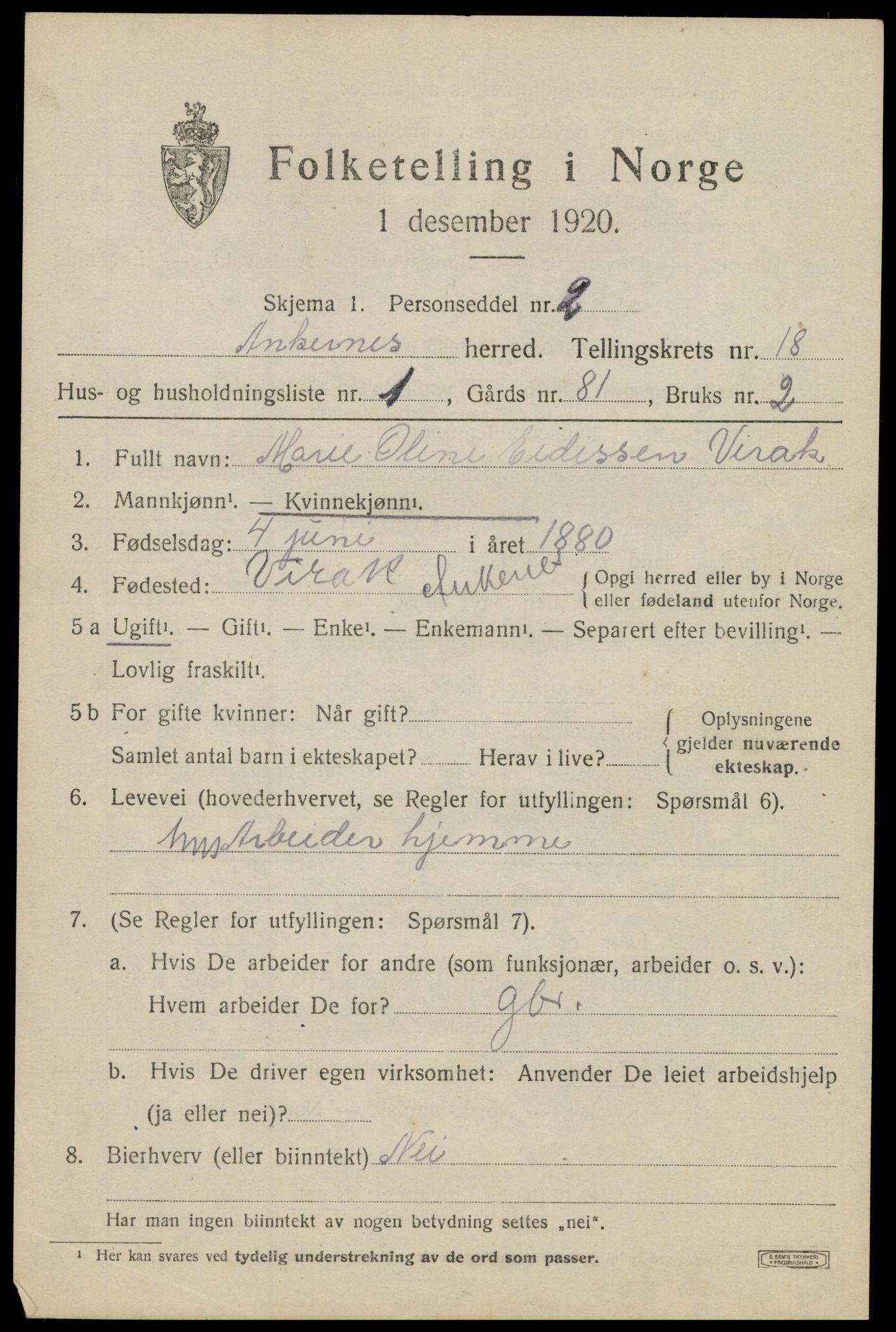 SAT, 1920 census for Ankenes, 1920, p. 7937