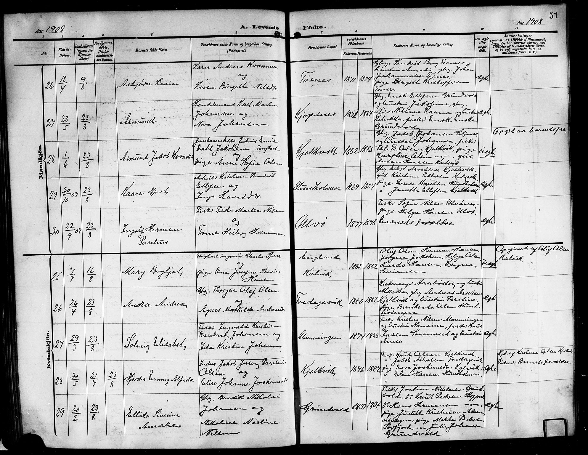 Ministerialprotokoller, klokkerbøker og fødselsregistre - Nordland, AV/SAT-A-1459/861/L0877: Parish register (copy) no. 861C03, 1903-1919, p. 51
