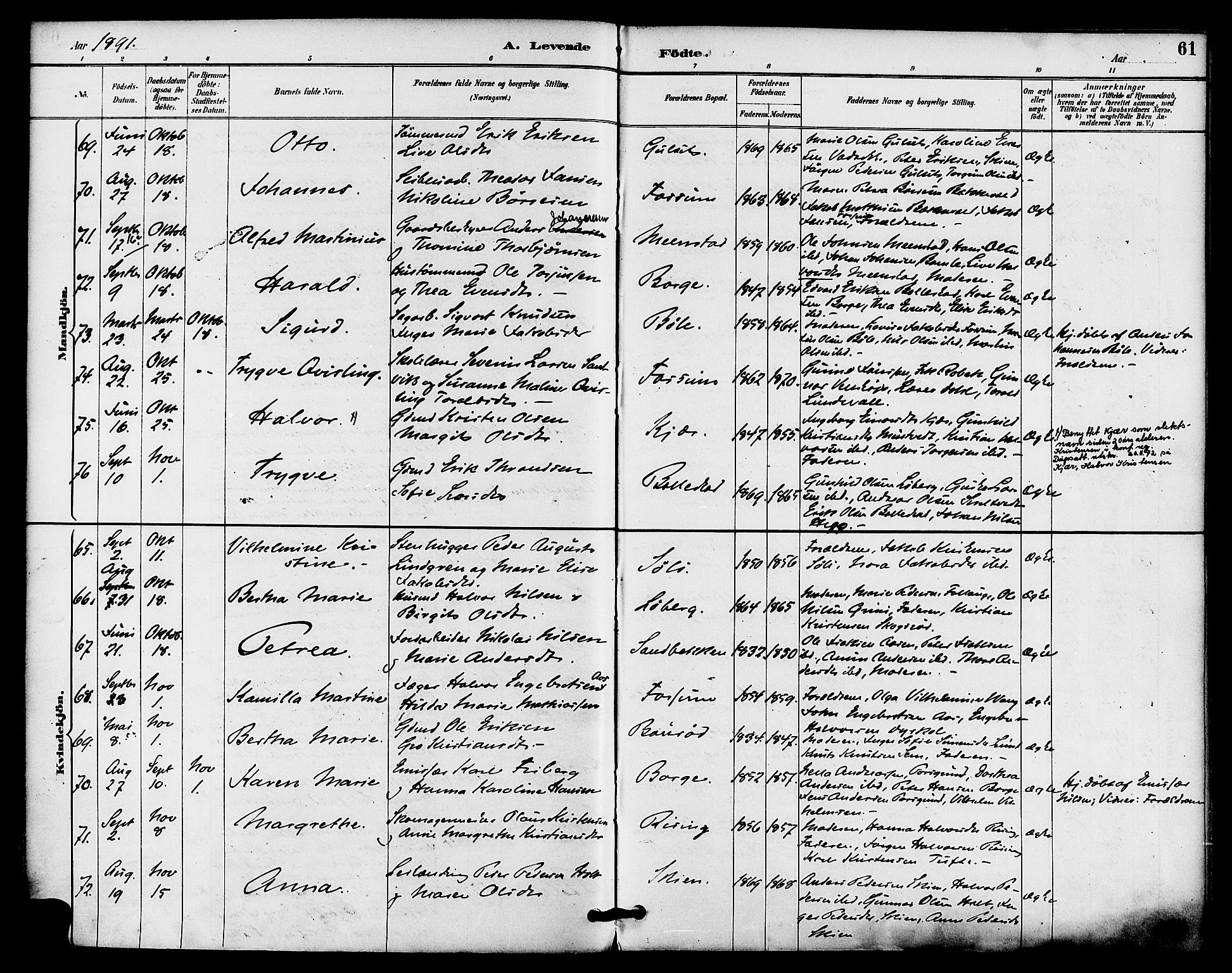 Gjerpen kirkebøker, AV/SAKO-A-265/F/Fa/L0010: Parish register (official) no. I 10, 1886-1895, p. 61