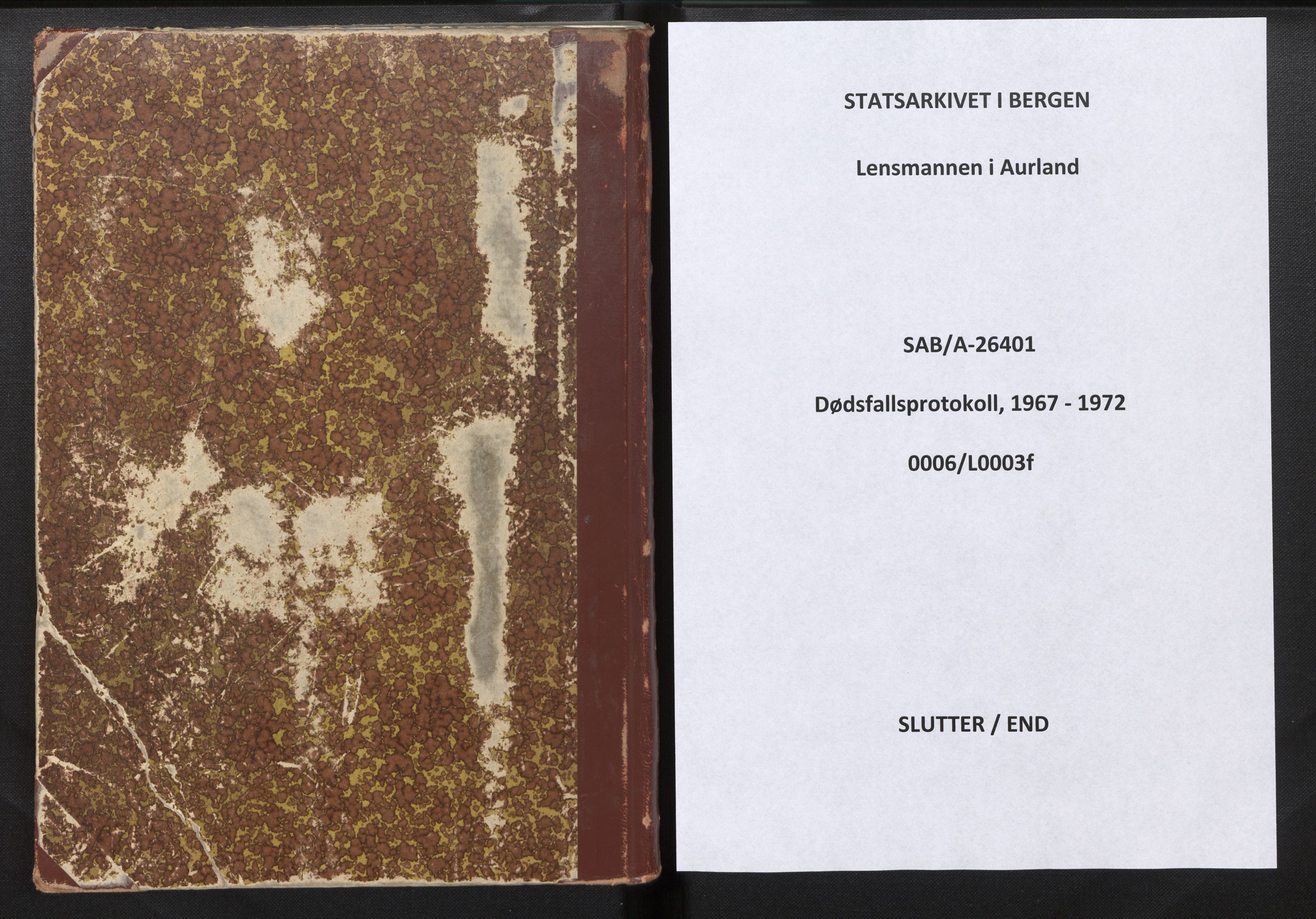 Lensmannen i Aurland, SAB/A-26401/0006/L0003f: Dødsfallprotokoll, 1967-1972
