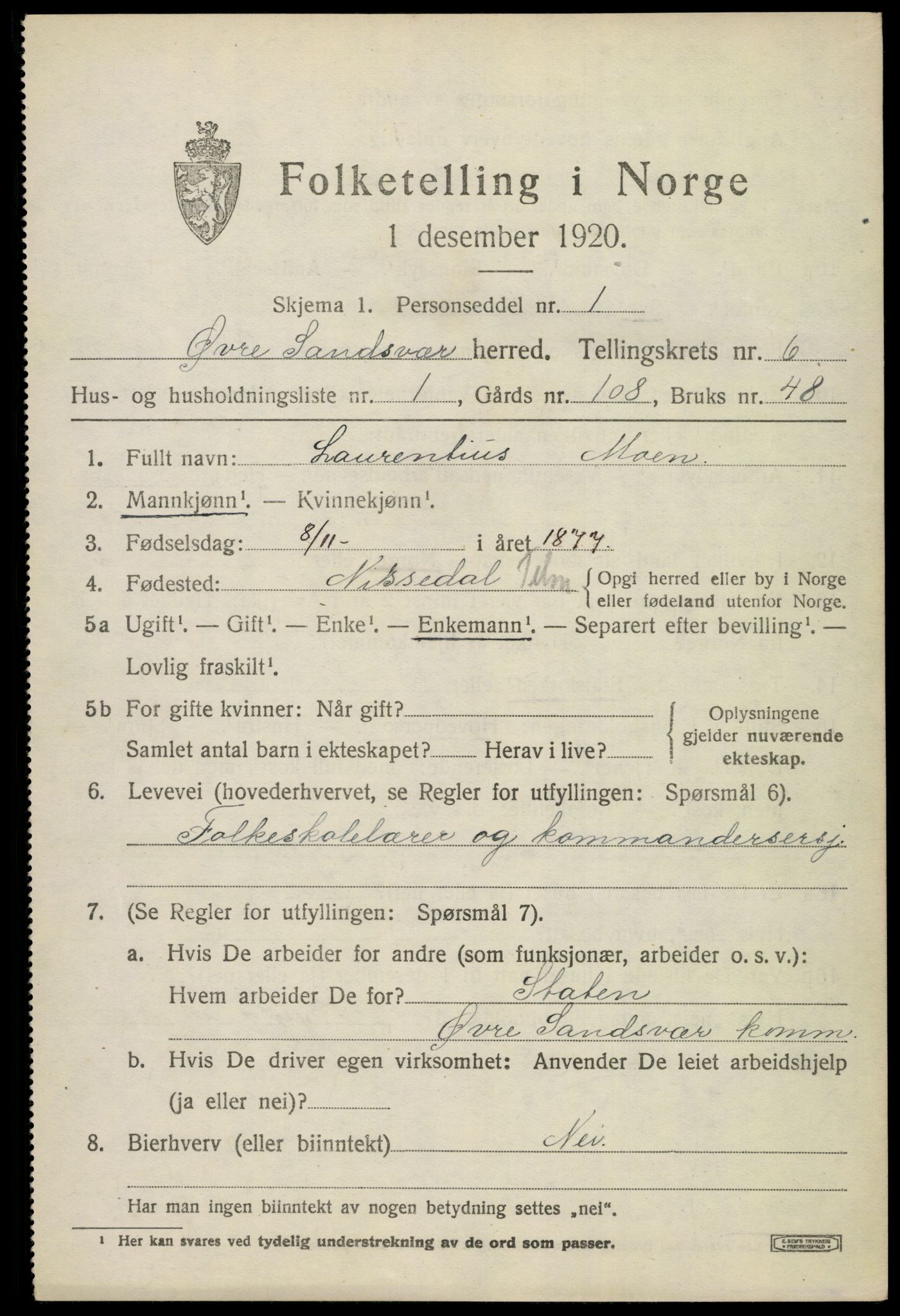 SAKO, 1920 census for Øvre Sandsvær, 1920, p. 3176