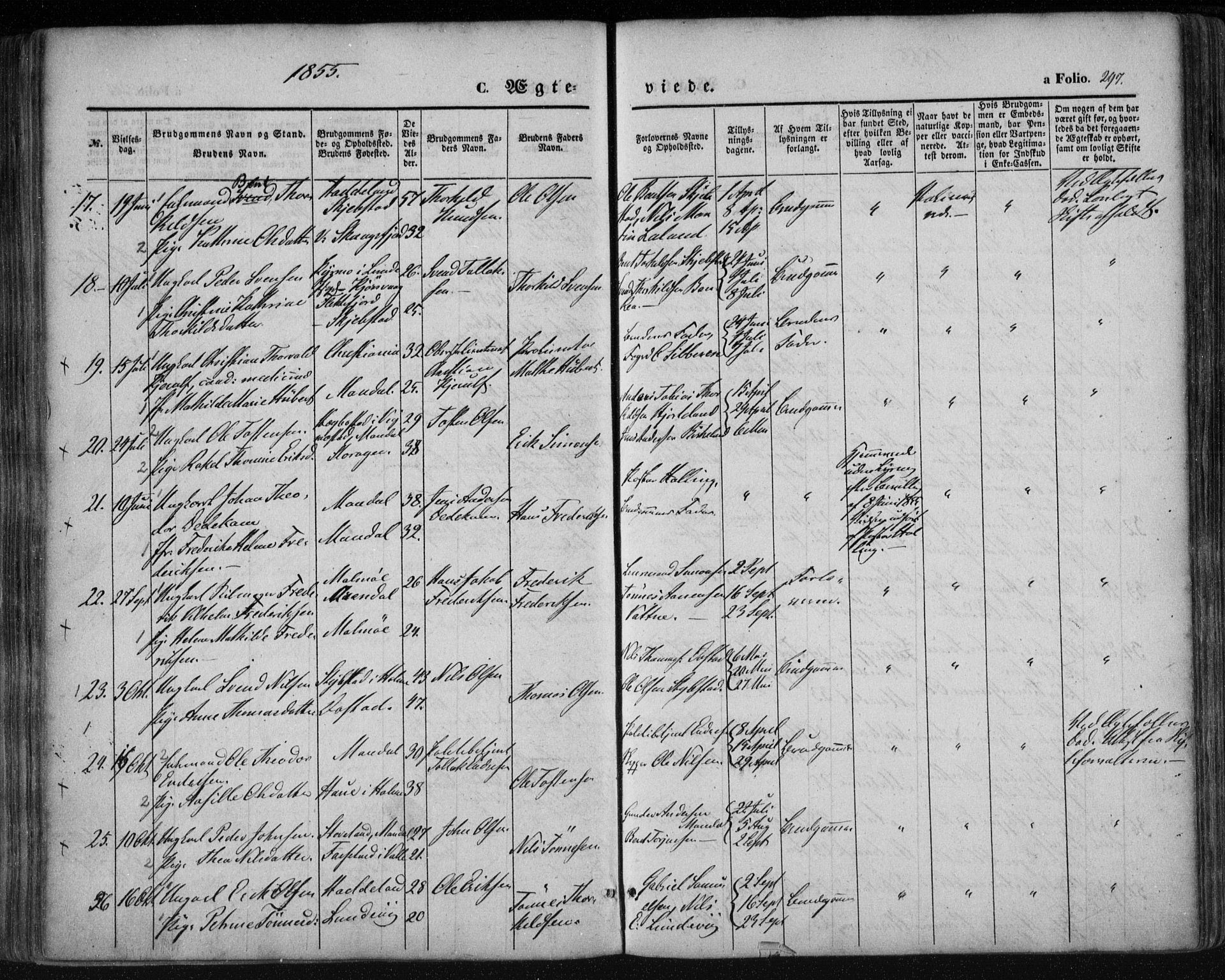 Mandal sokneprestkontor, AV/SAK-1111-0030/F/Fa/Faa/L0013: Parish register (official) no. A 13, 1847-1859, p. 297